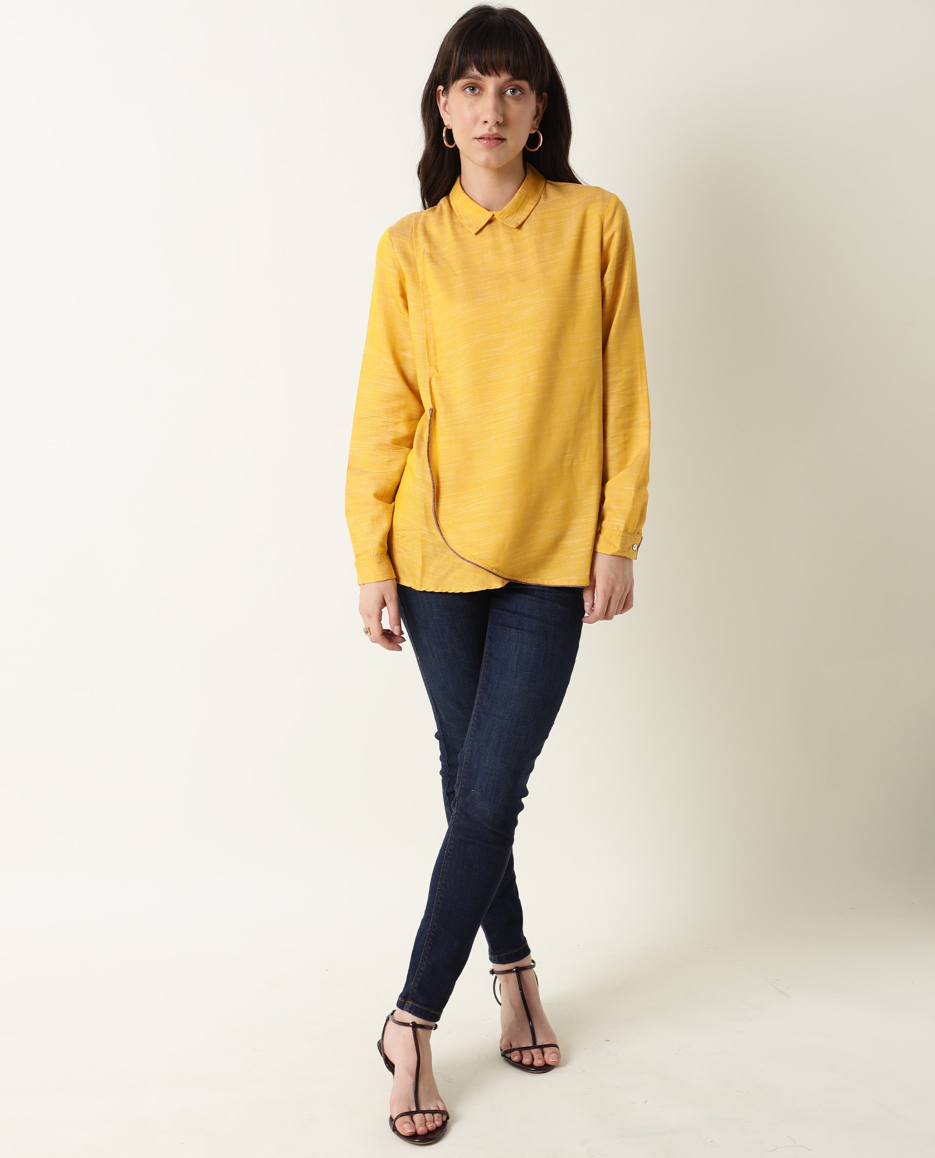 Rareism Womens Kara Yellow Top Polycotton Fabric Full Sleeves Collar Neck