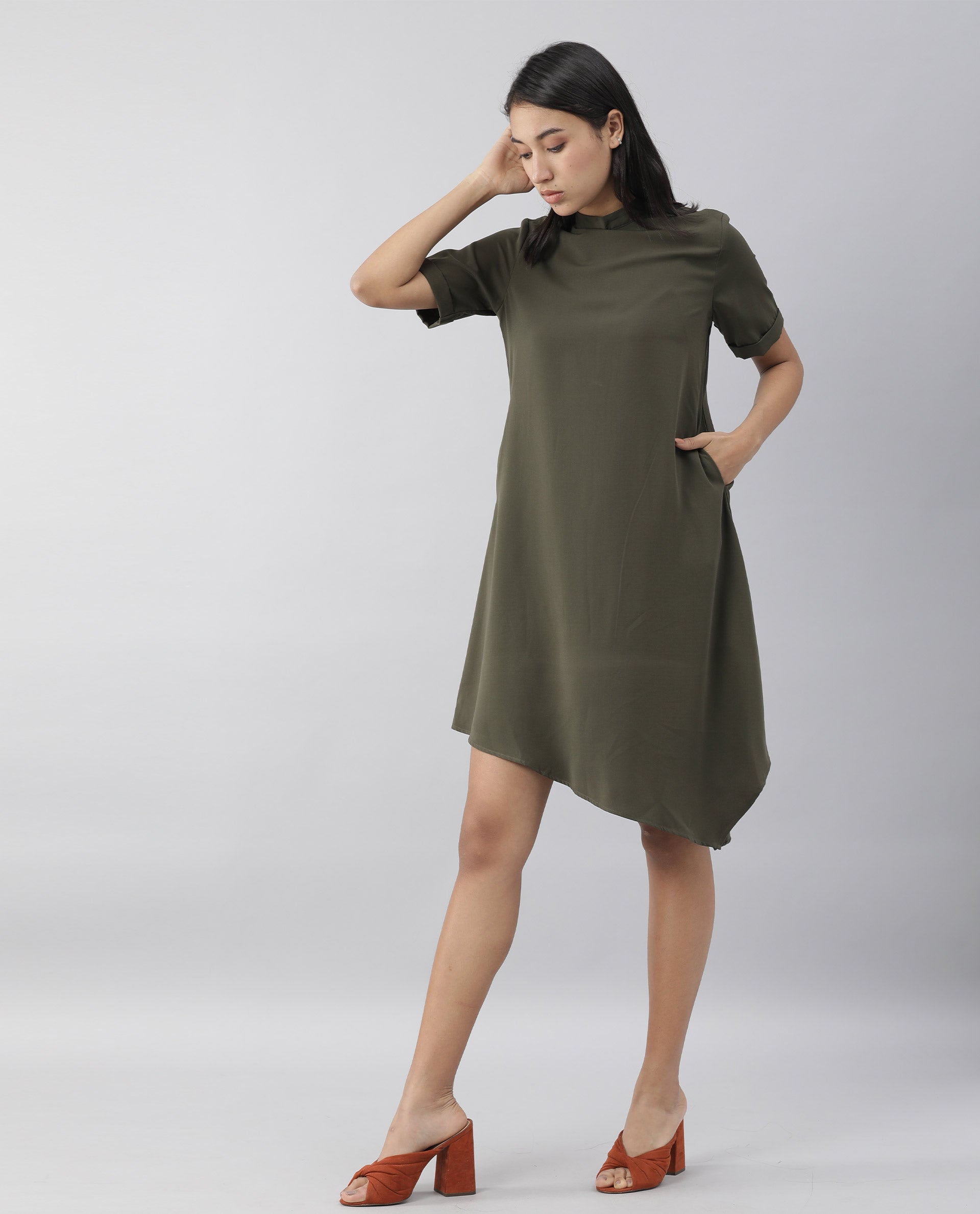 Rareism Women Savce Green Dress Short Sleeves Solid