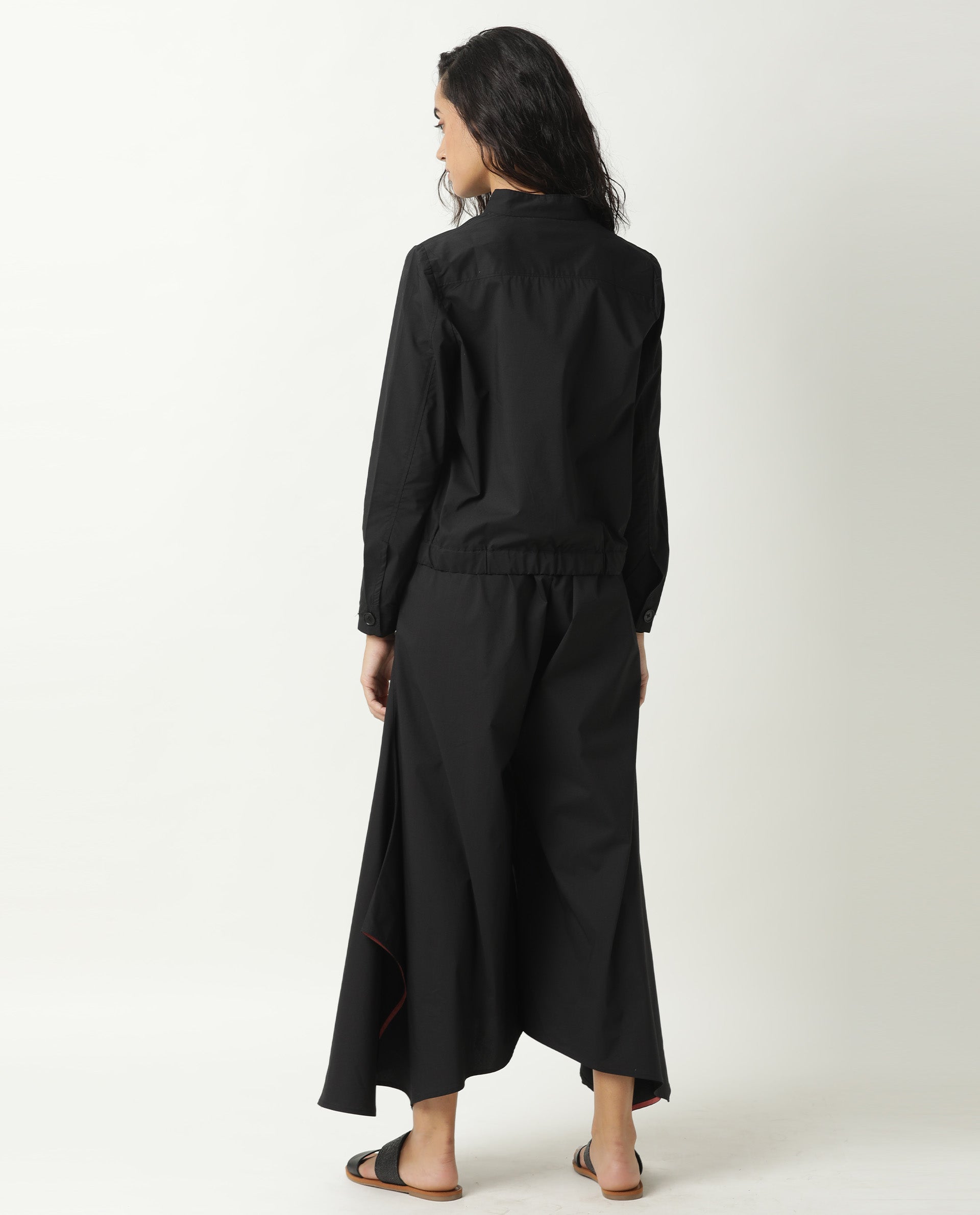 Rareism Women Aomori Black Poly Lycra Fabric Full Sleeves Solid Mandarin Collar Jacket