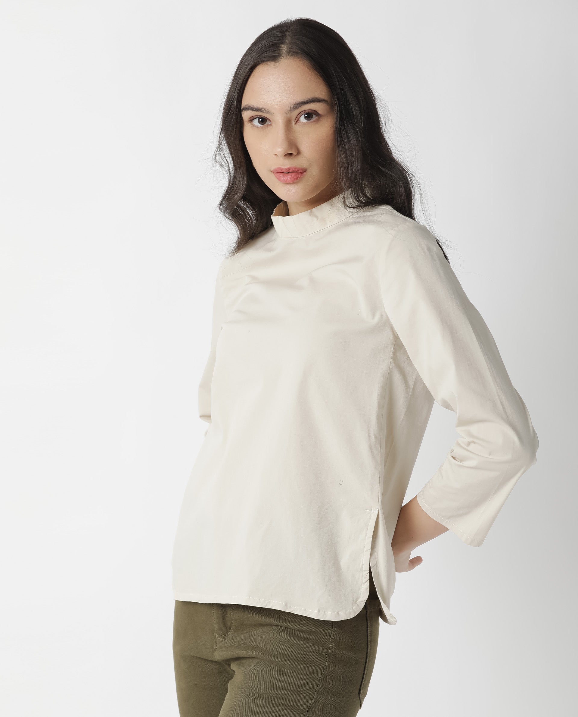Rareism Womens Monet Beige Top Cotton Lycra Fabric Regular Fit 3/4 Sleeve Collared Neck