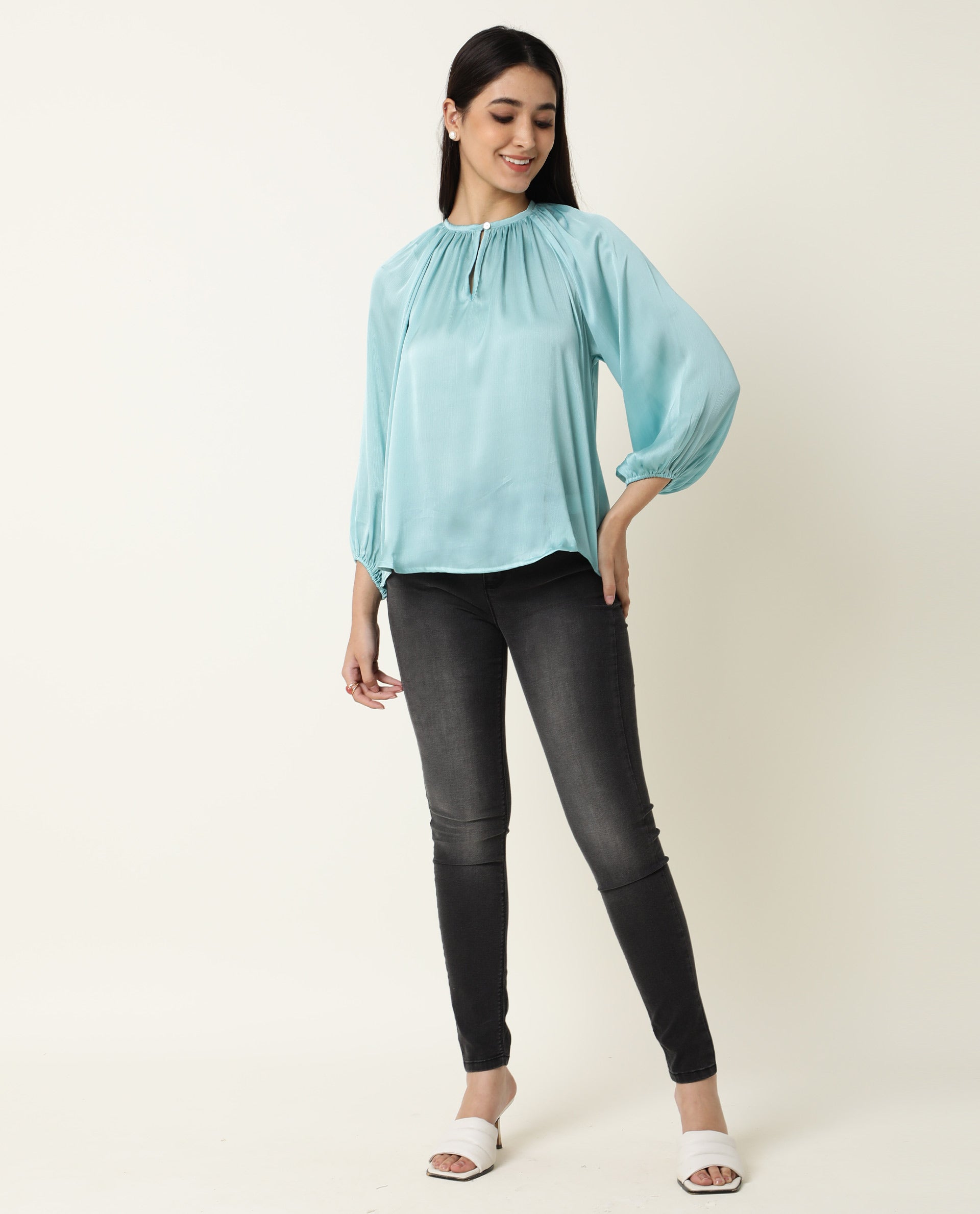 Rareism Womens Fall Blue Top Polyester Fabric Regular Fit Balloon Sleeve Round Neck