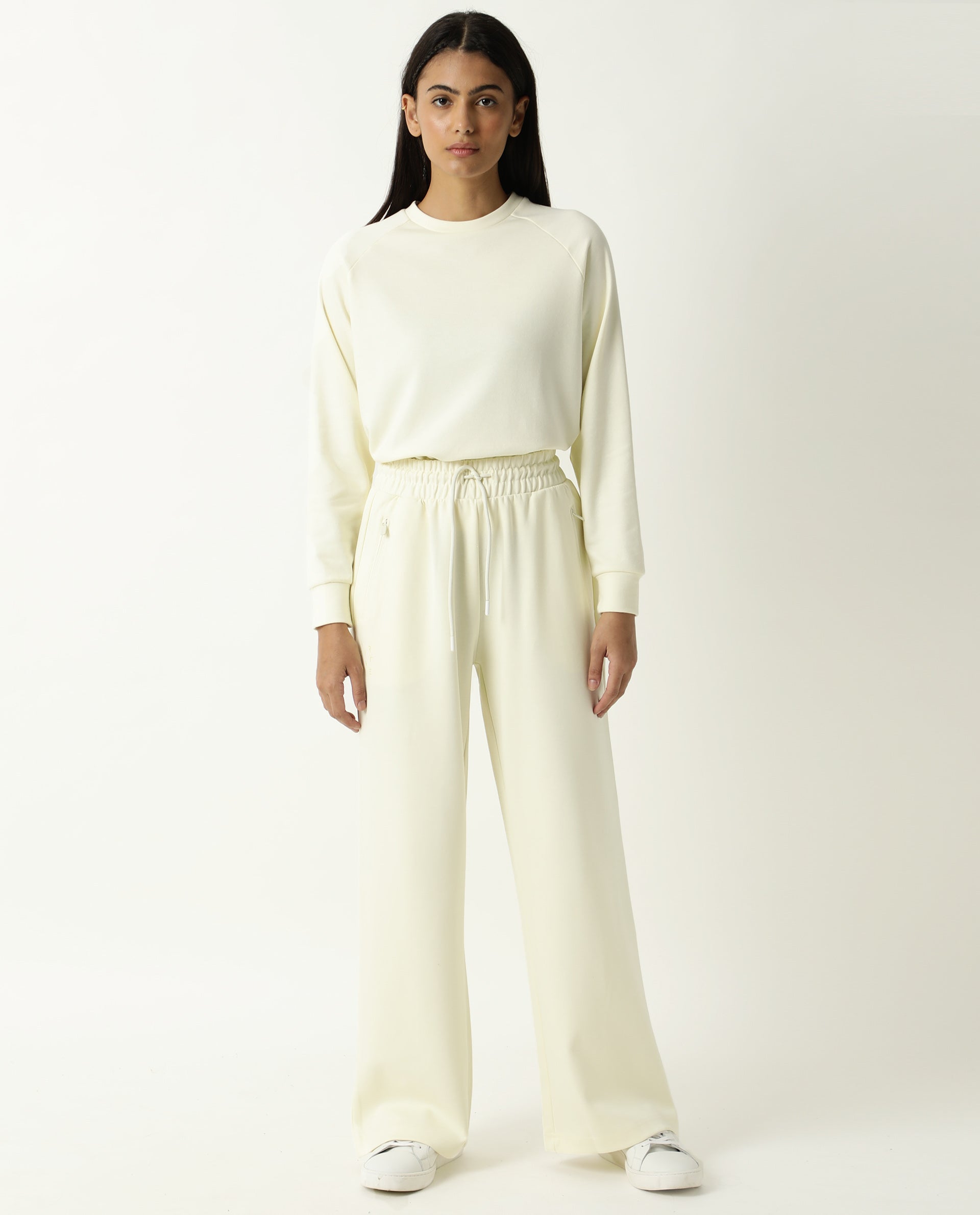 Rareism Women Capsule Light Yellow Cotton Blend Fabric Relaxed Fit Solid Mid Rise Ankle Length Track Pant