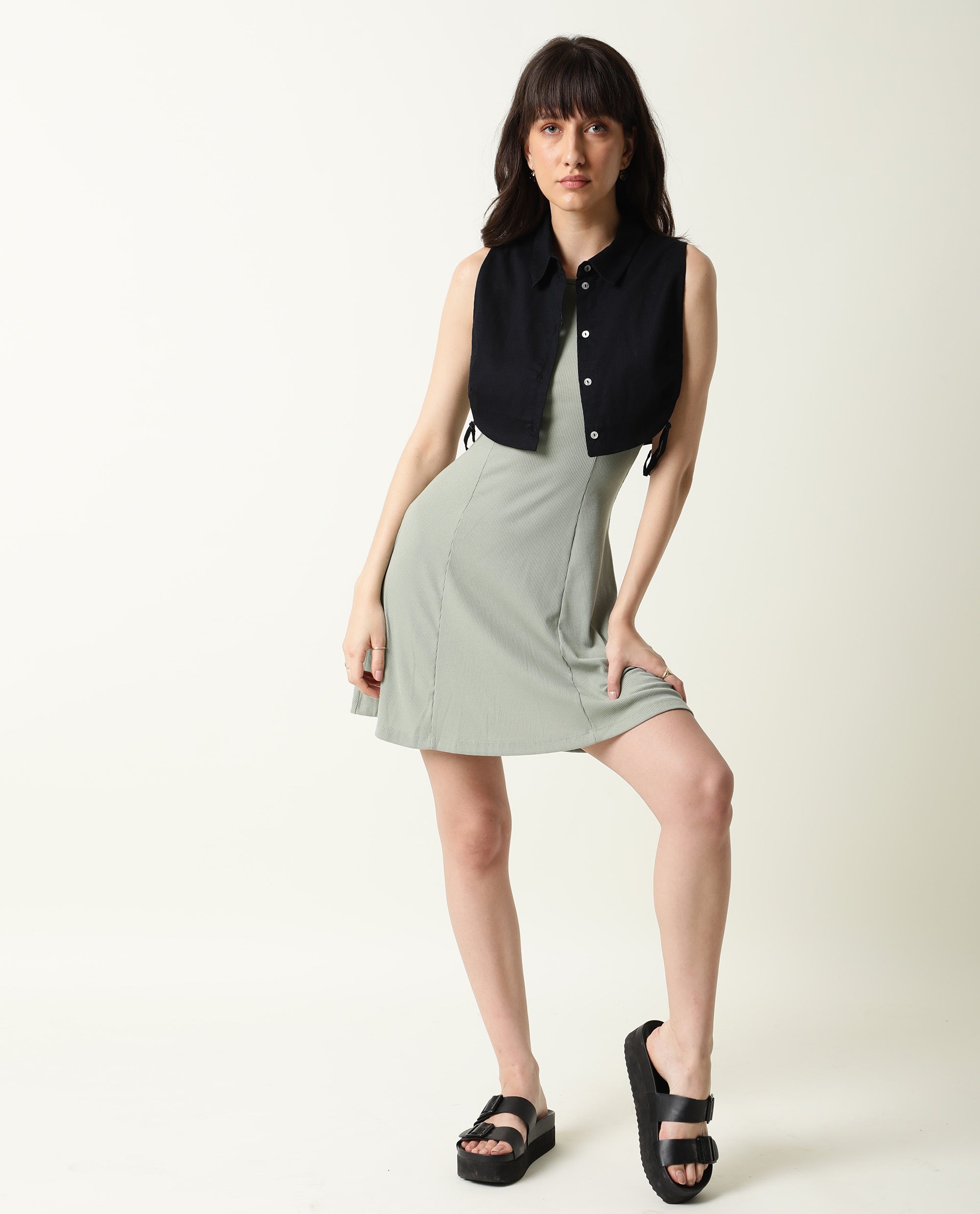 Rareism Womens Floret Black Over Layer Cotton Fabric Cropped Length Sleeveless Button Fastening Collar Neck