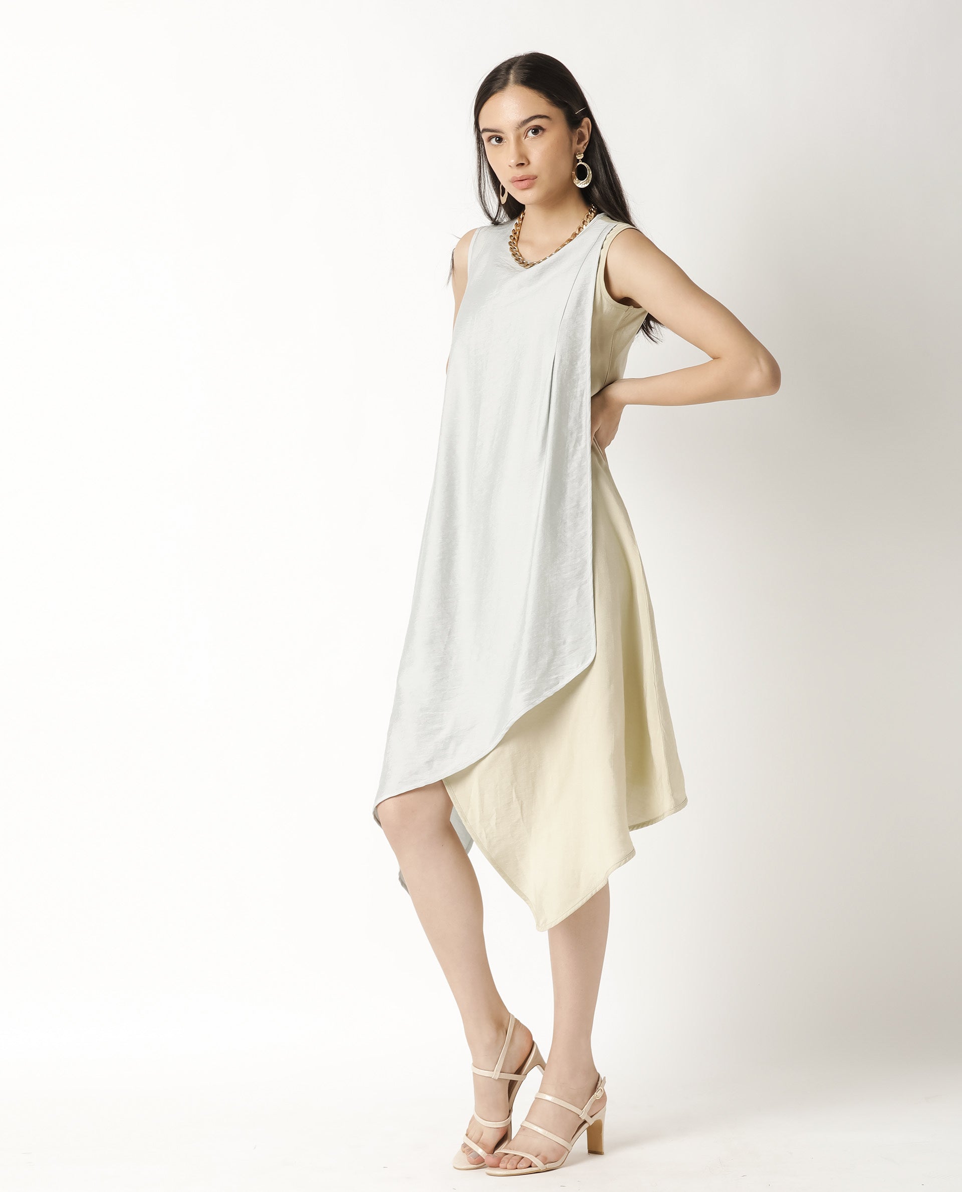 Rareism Women Xavier Blue Boat Neck Sleeveless Overlap Panel In Front With Asymmetric Midi Dress