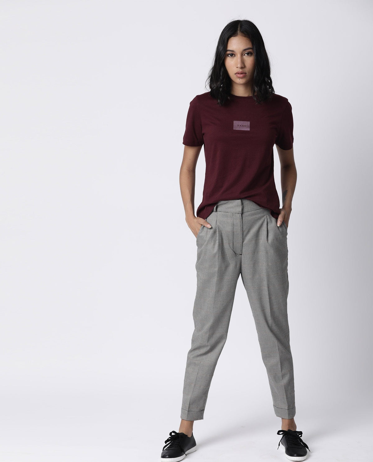 Rareism Womens Luani Maroon T-Shirt Supima Cotton Fabric Slim Fit Round Neck