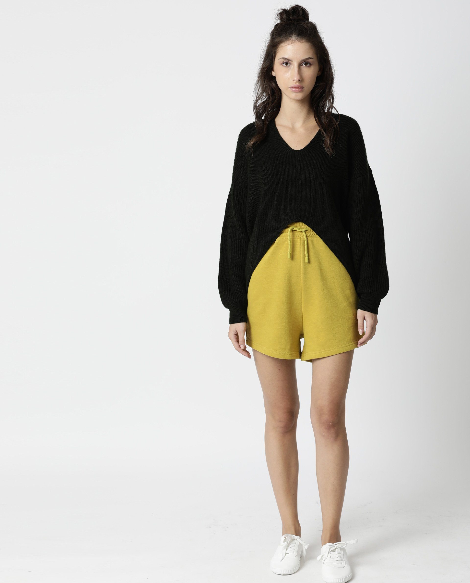 Rareism Women Spence Yellow Poly Cotton Fabric Regular Fit Solid Mid Rise Shorts