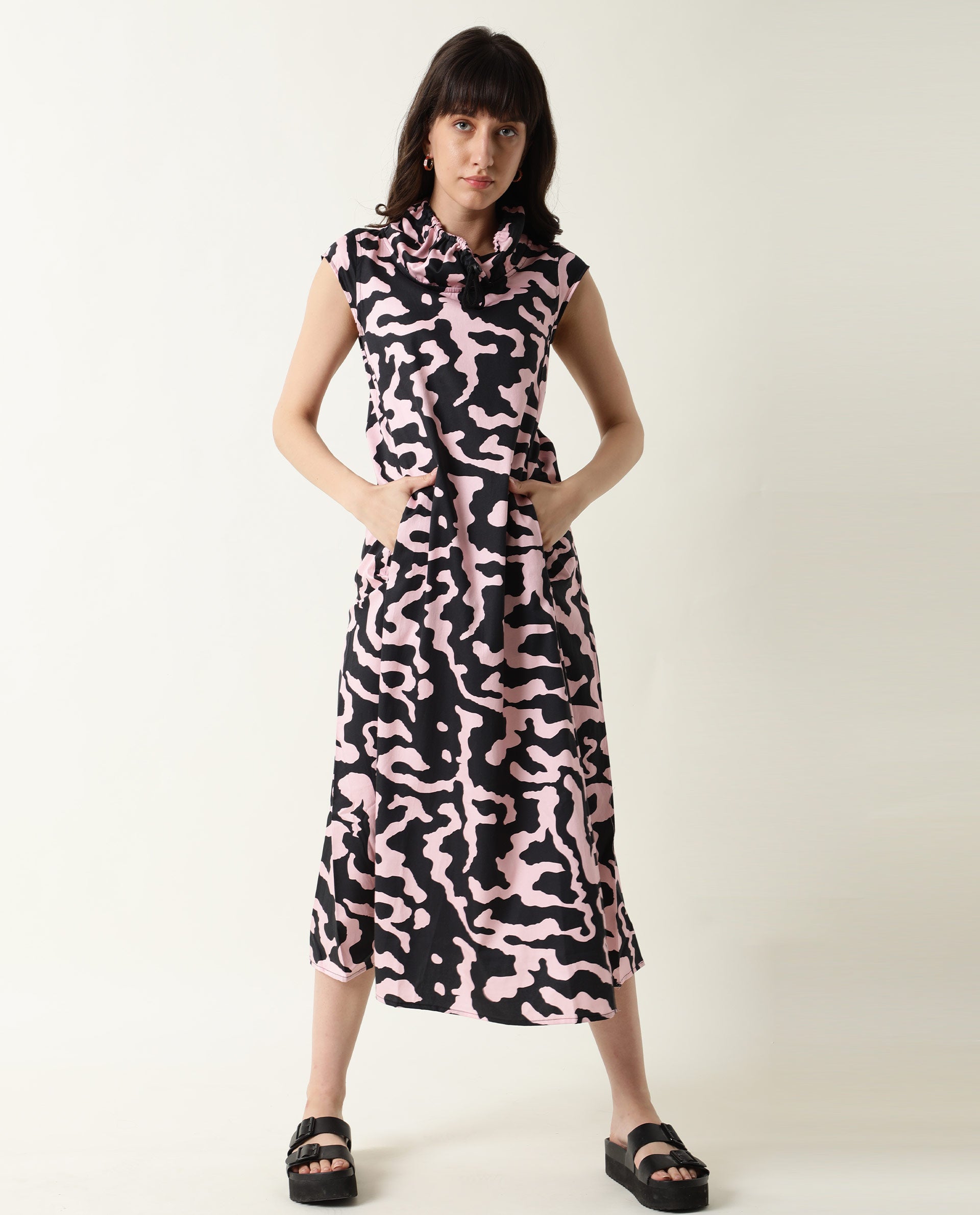 Rareism Womens Santro Black Dress Cotton Satin Fabric Regular Fit Short Sleeve High Neck