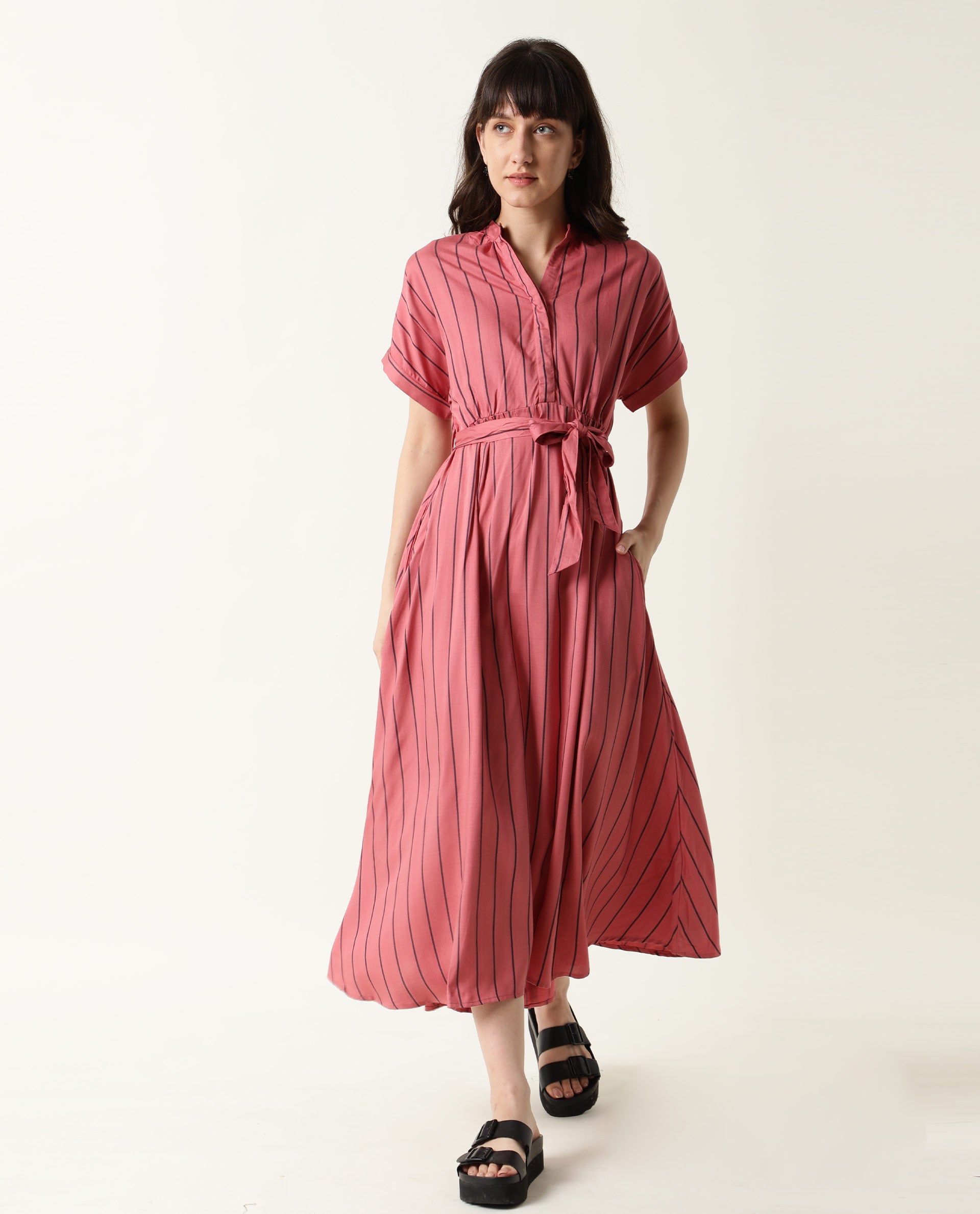 Rareism Women Tudor Pink Striped Mandarin Collar Half Sleeves Fabric Waist Belt With Pockets Midi Dress