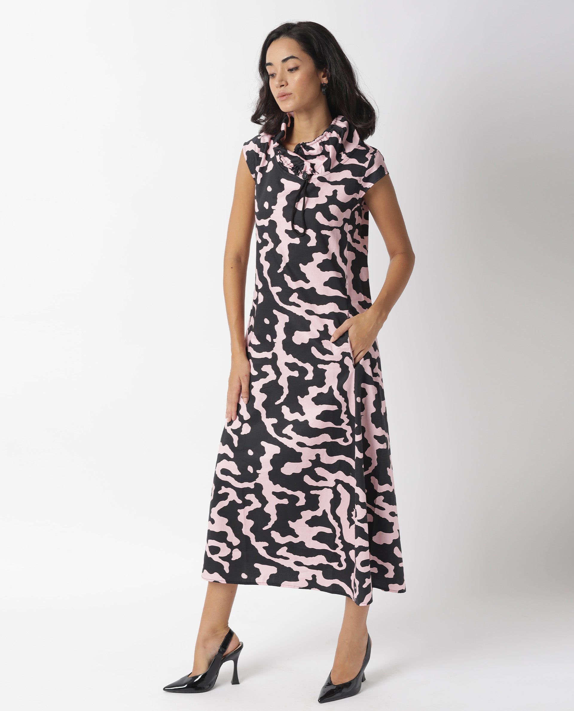 Rareism Womens Santro Black Dress Cotton Satin Fabric Regular Fit Short Sleeve High Neck