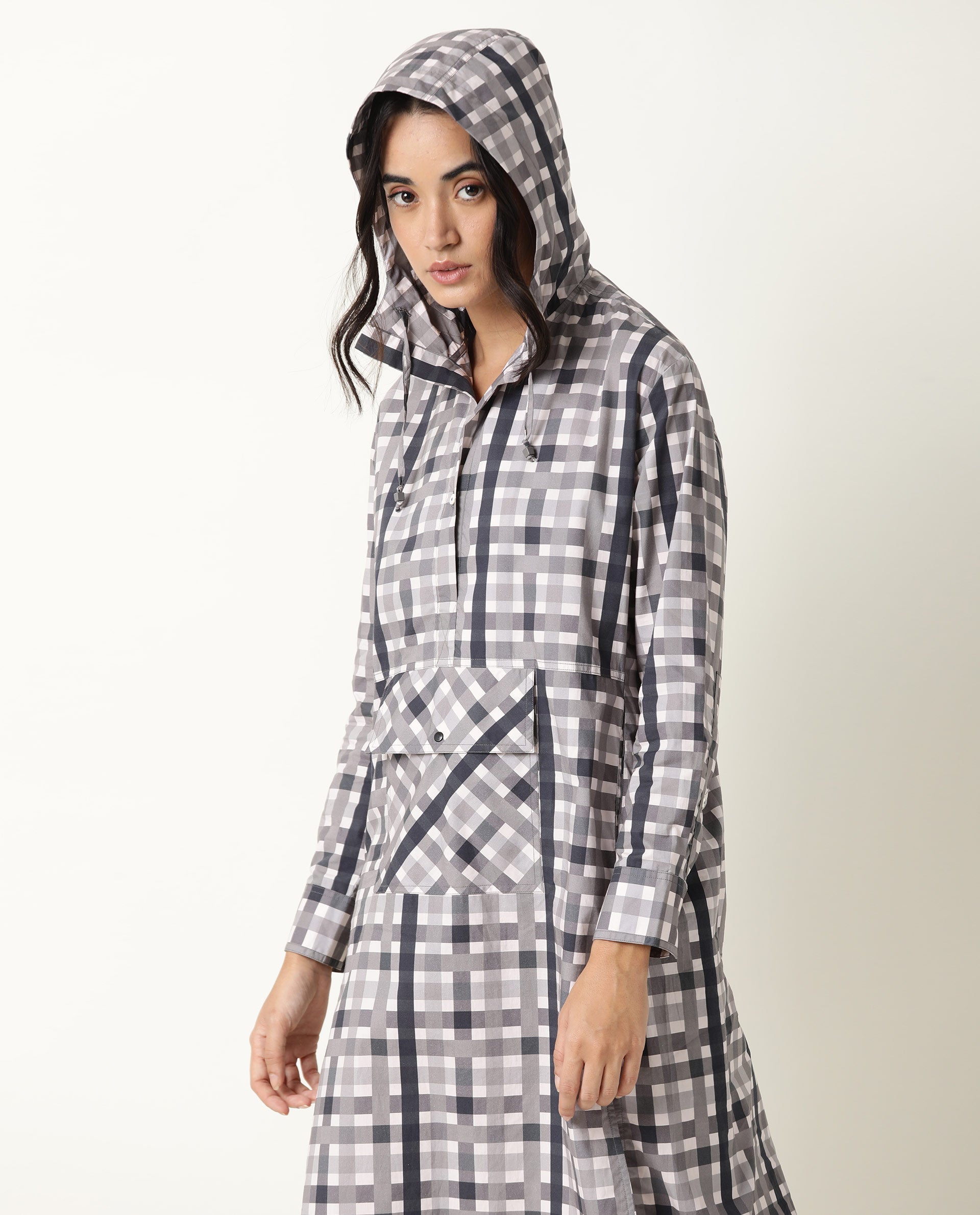 Rareism Women Loreal Grey Checks Shirt Collar With Hoodie Full Sleeves Front Pocket Patch With Side Slit Midi Dress
