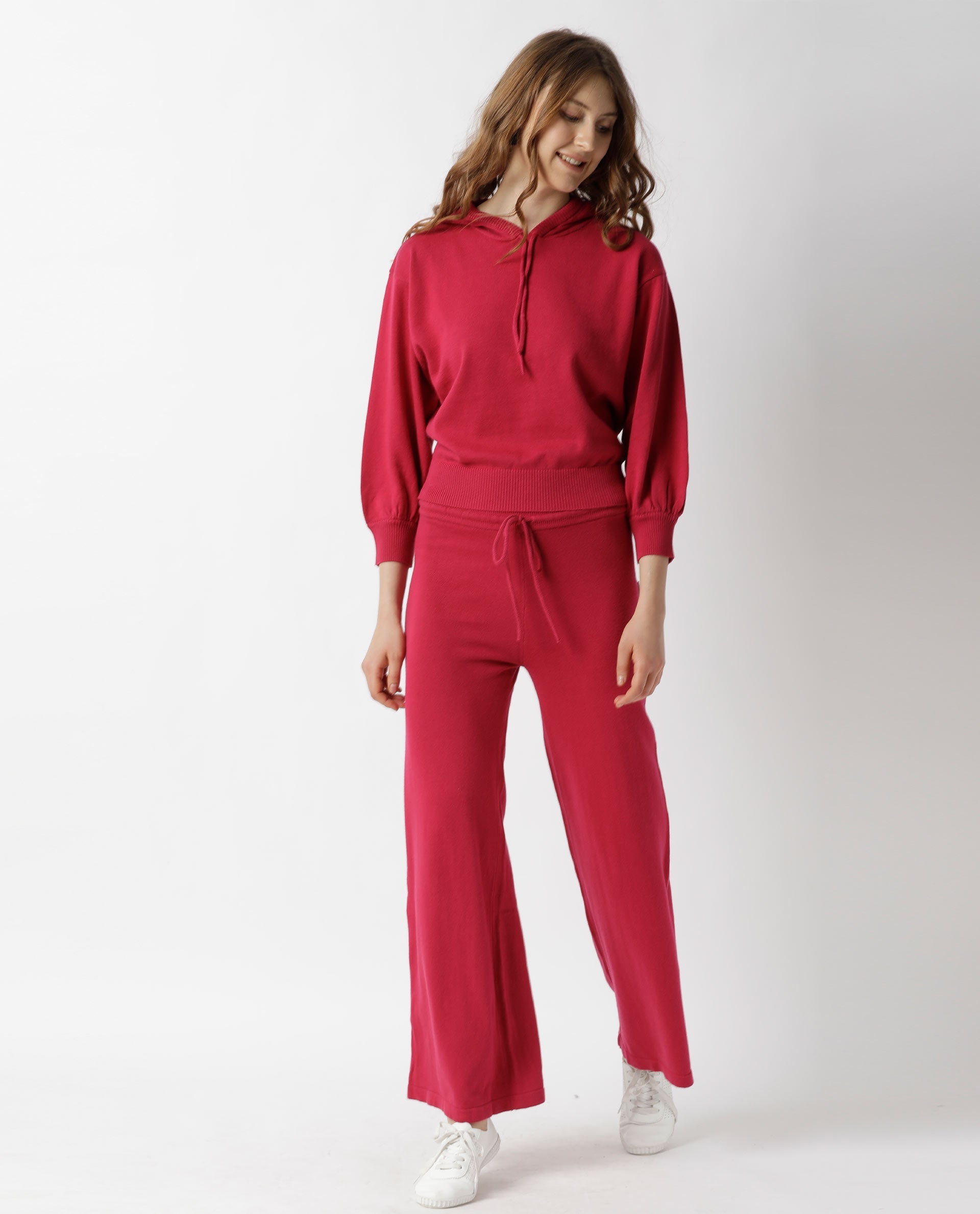 Rareism Women Finn Sweat Dark Pink Cotton Fabric Full Sleeves Relaxed Fit Solid Hooded Sweater