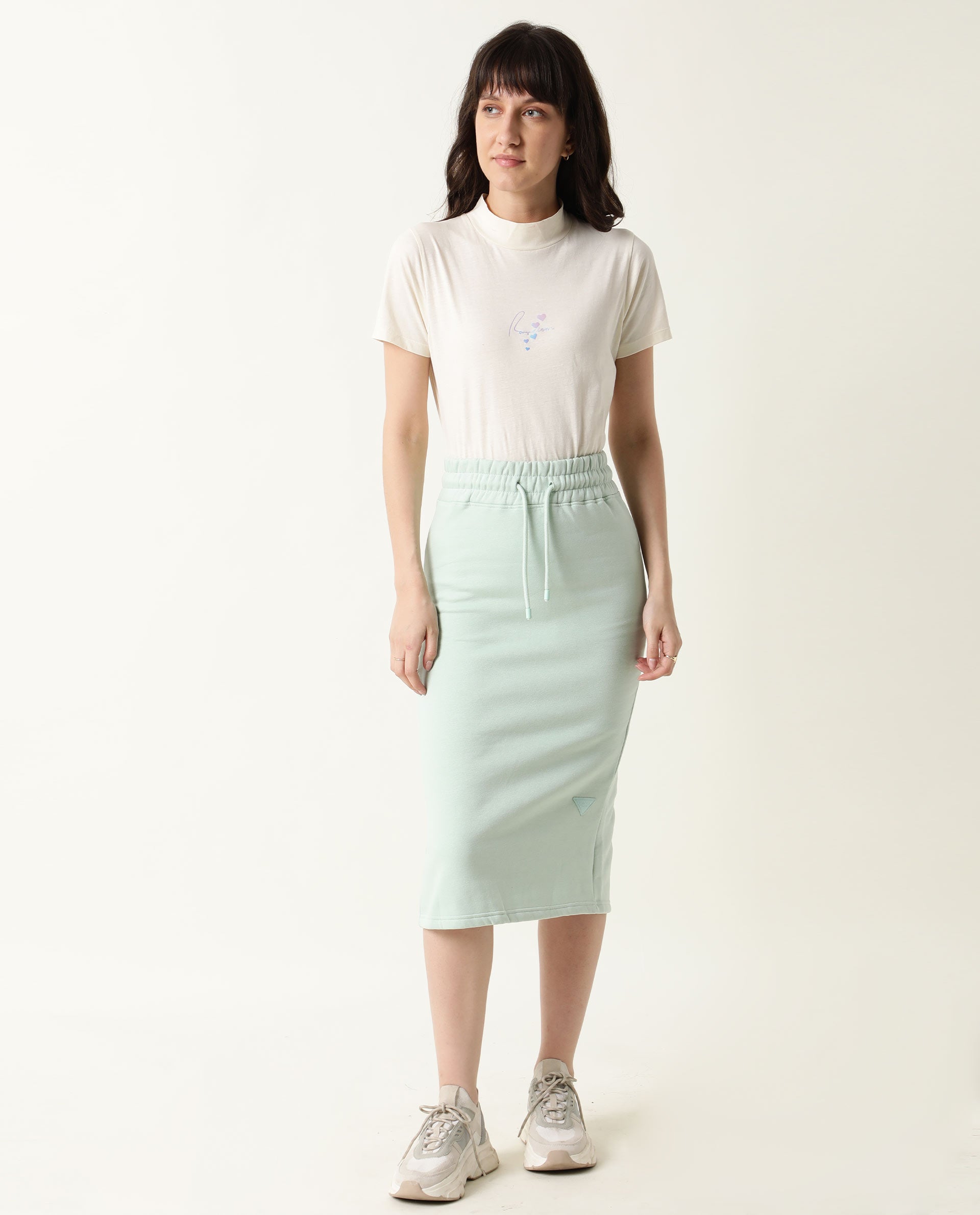 Rareism Women Fudge Green Poly Cotton Fabric Tailored Fit High Rise Solid Midi Skirt