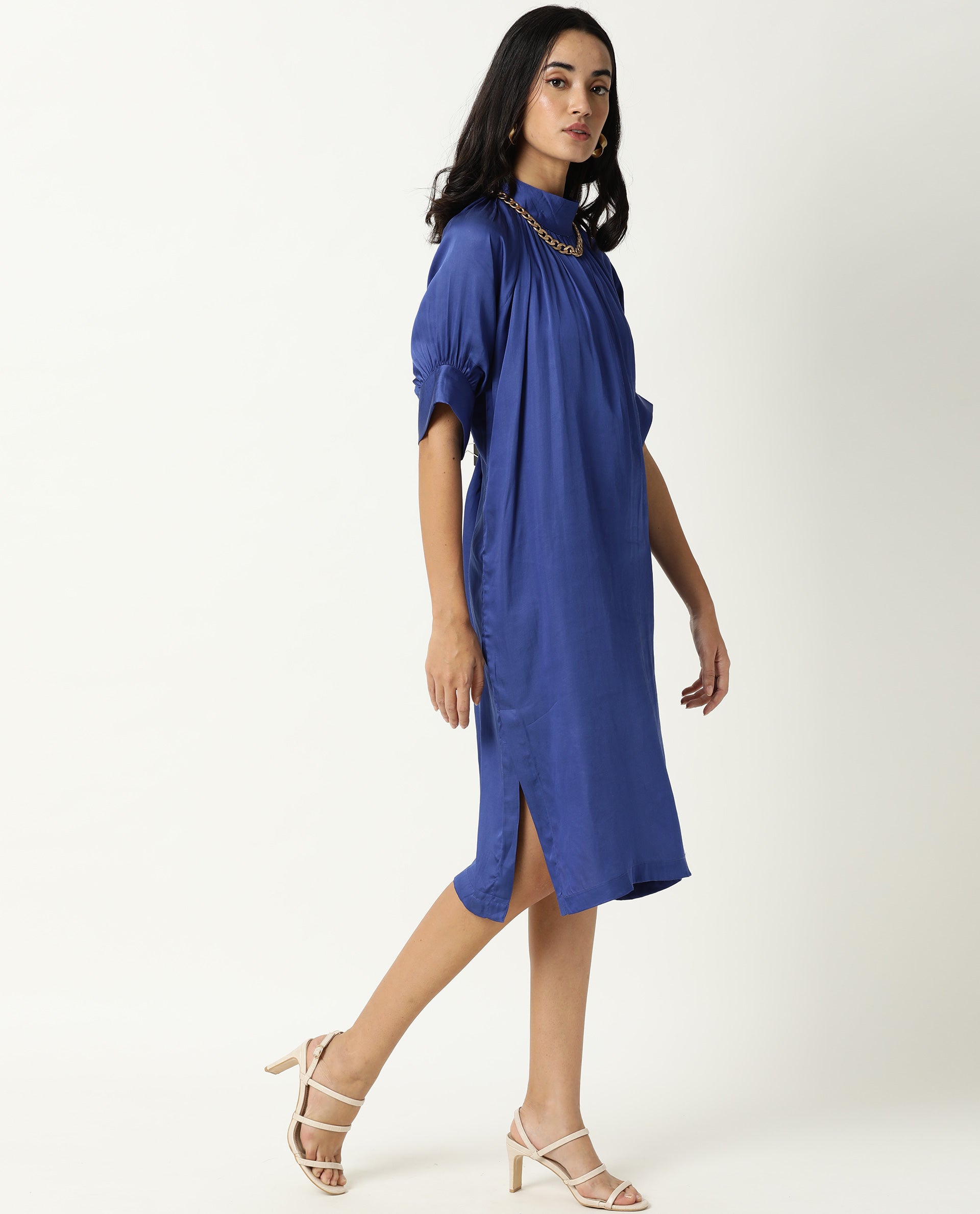 Rareism Women Shiver Dark Blue High Neck With Gathers Raglan Sleeves With Puff And Side Slit Knee Length Dress