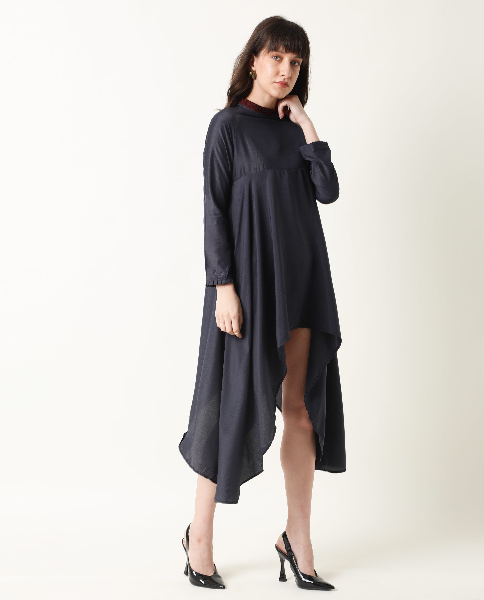 Rareism Womens Falcon Navy Dress Polyester Fabric Relaxed Fit Full Sleeve Round Neck