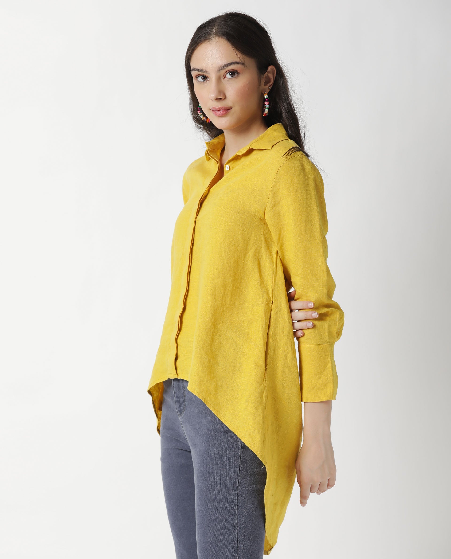 Rareism Women Comfo Yellow Linen Fabric Relaxed Fit Shirt Collar Full Sleeves Solid Top