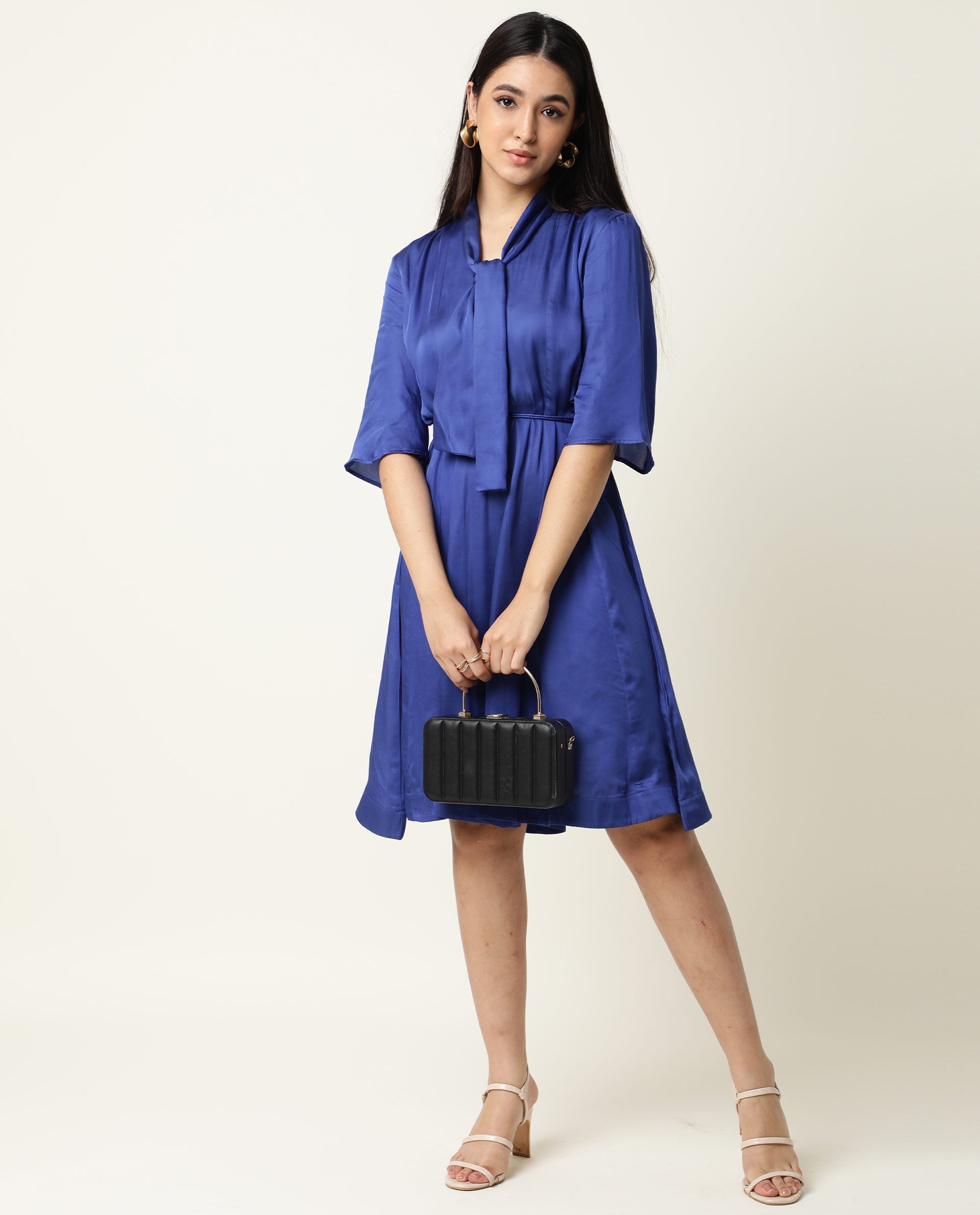 Rareism Women Yeme Blue V Neck With Tie Up Flared Sleeves Mini Dress