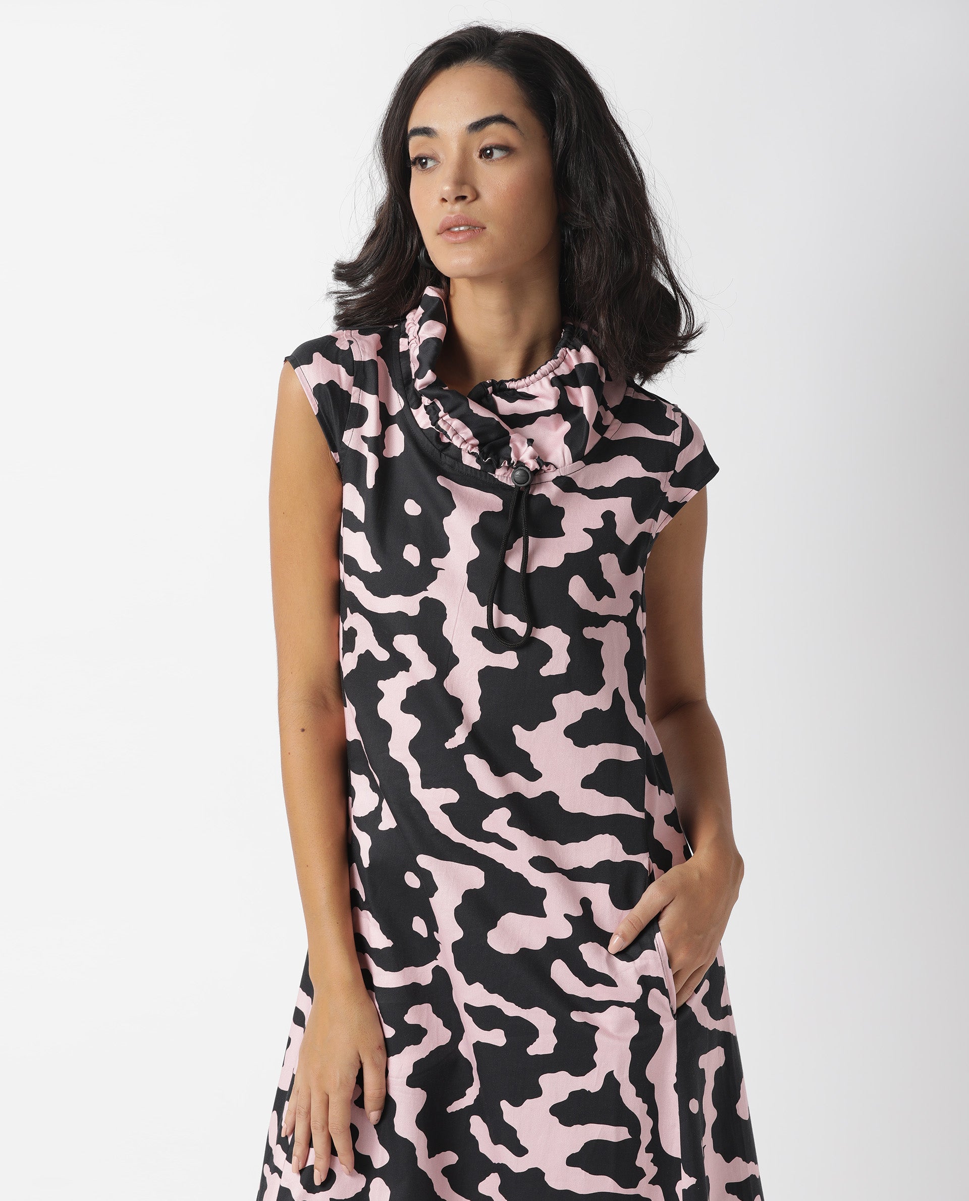 Rareism Womens Santro Black Dress Cotton Satin Fabric Regular Fit Short Sleeve High Neck