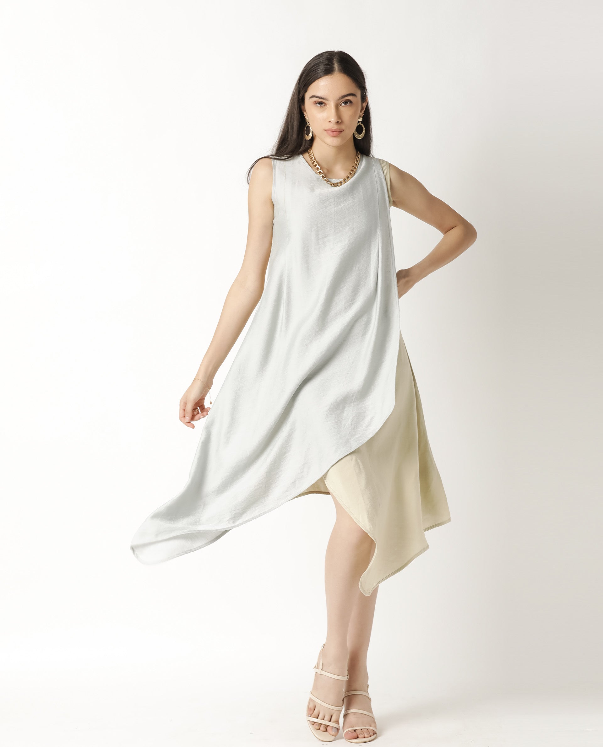 Rareism Women Xavier Blue Boat Neck Sleeveless Overlap Panel In Front With Asymmetric Midi Dress