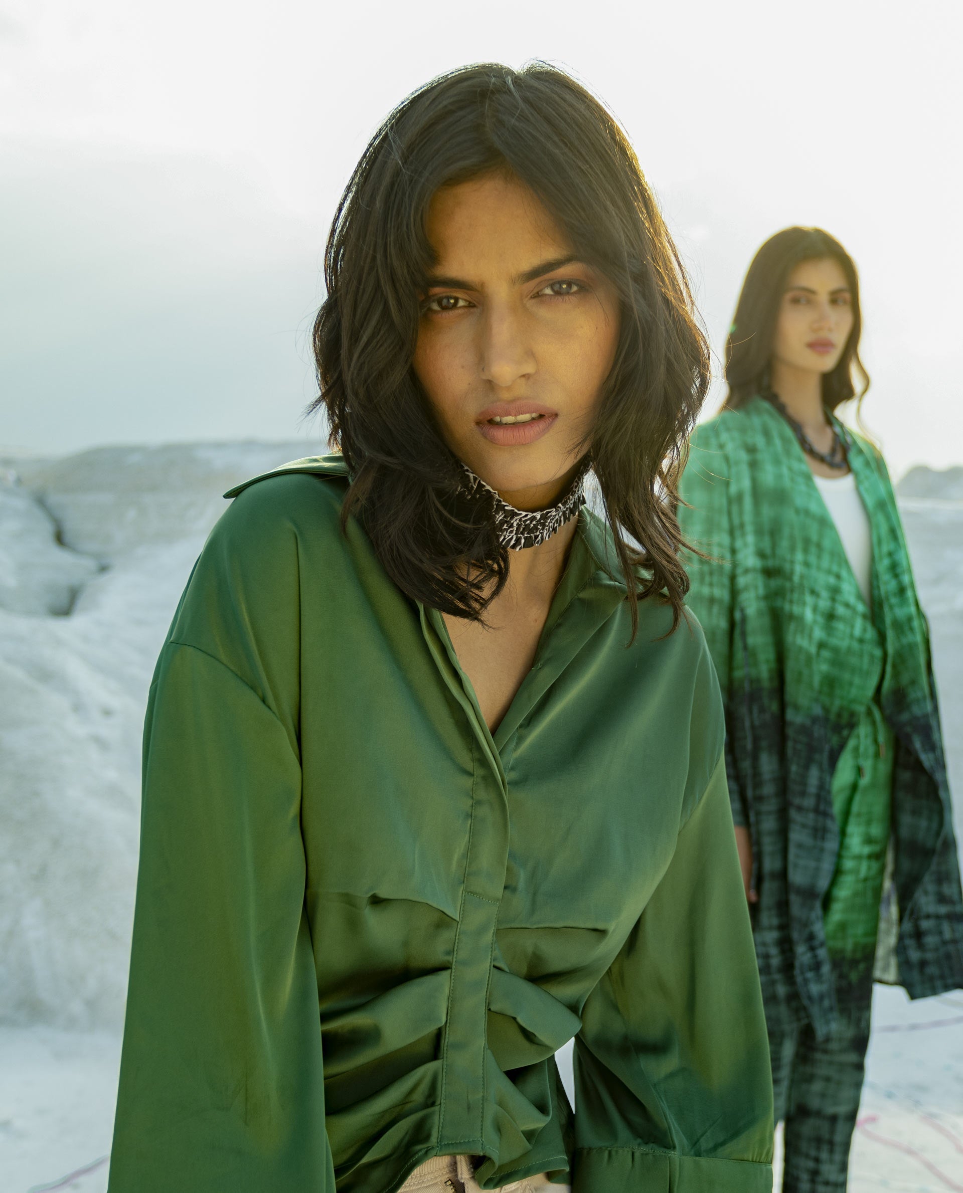 Rareism Womens Zomat Green Top Modal Fabric Regular Fit Bell Sleeves Collared Neck