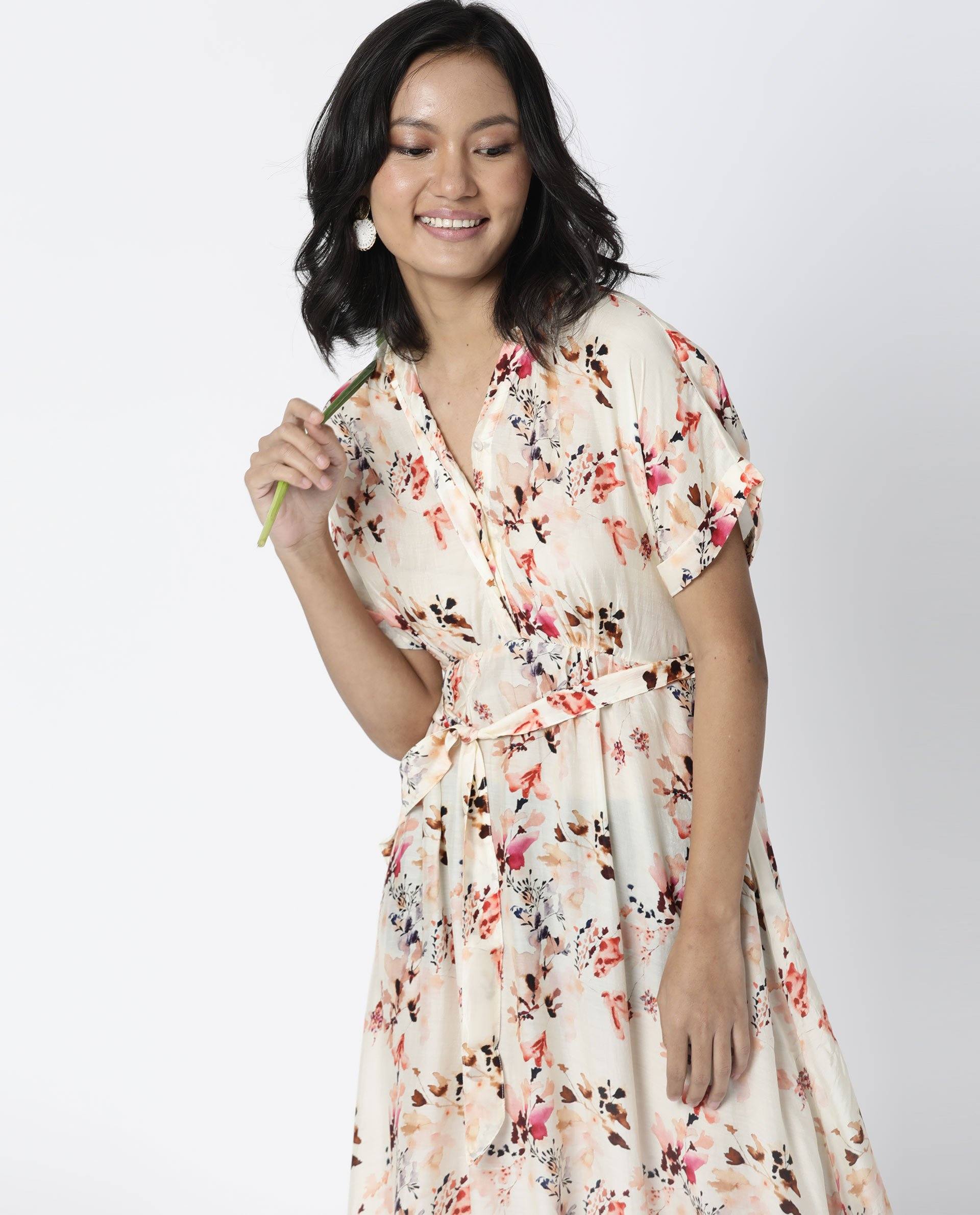 Rareism Womens Fling Off White Dress Cotton Silk Fabric Relaxed Fit Drop Shoulder Half Sleeve A Line Dress Long Length