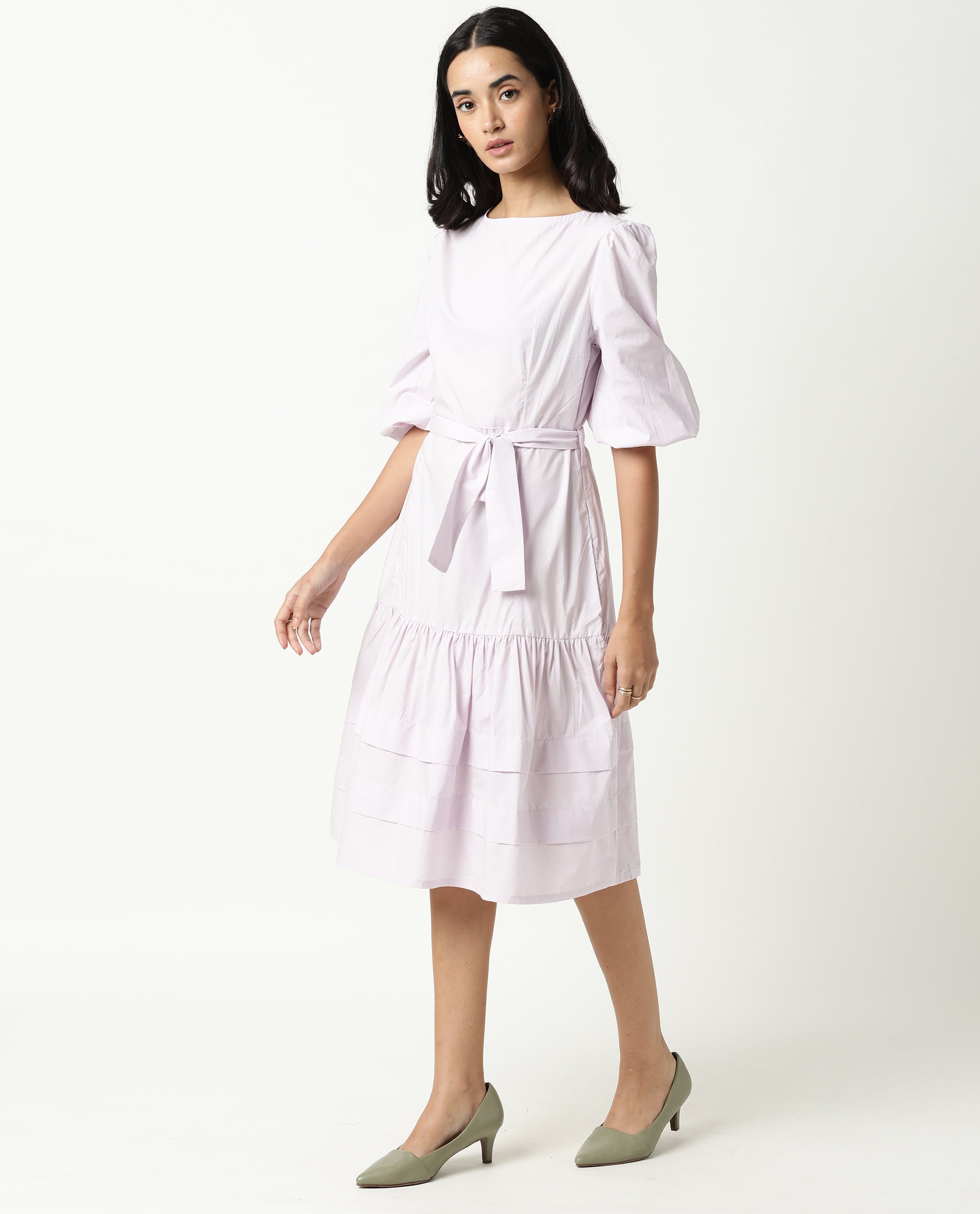 Rareism Women Hay Pastel Purple Boat Neck Puff Sleeves With Fabric Waist Belt And Back Zip Closure Midi Dress