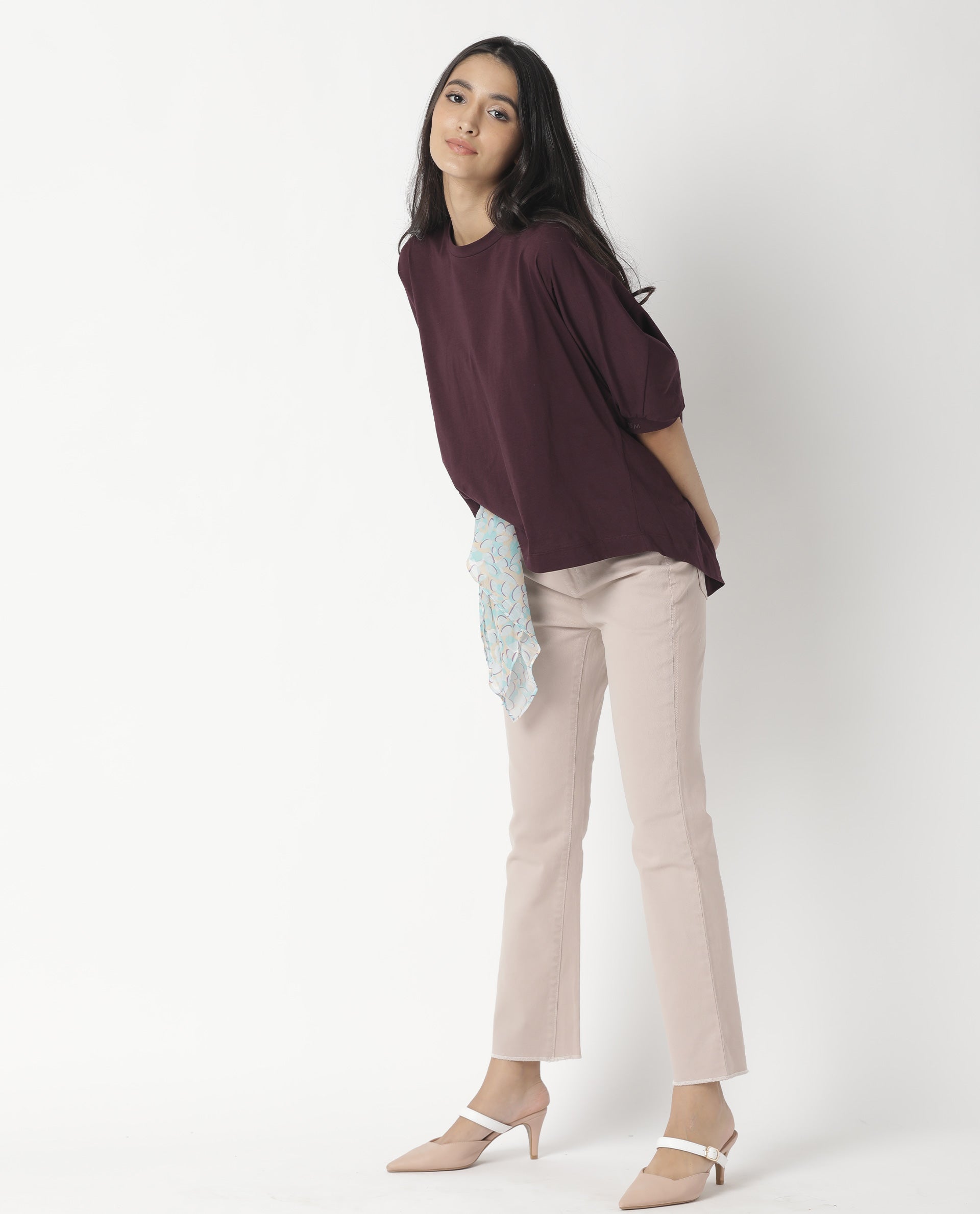 Rareism Womens Osmo Maroon Top Cotton Fabric Regular Fit Volume Sleeve Round Neck