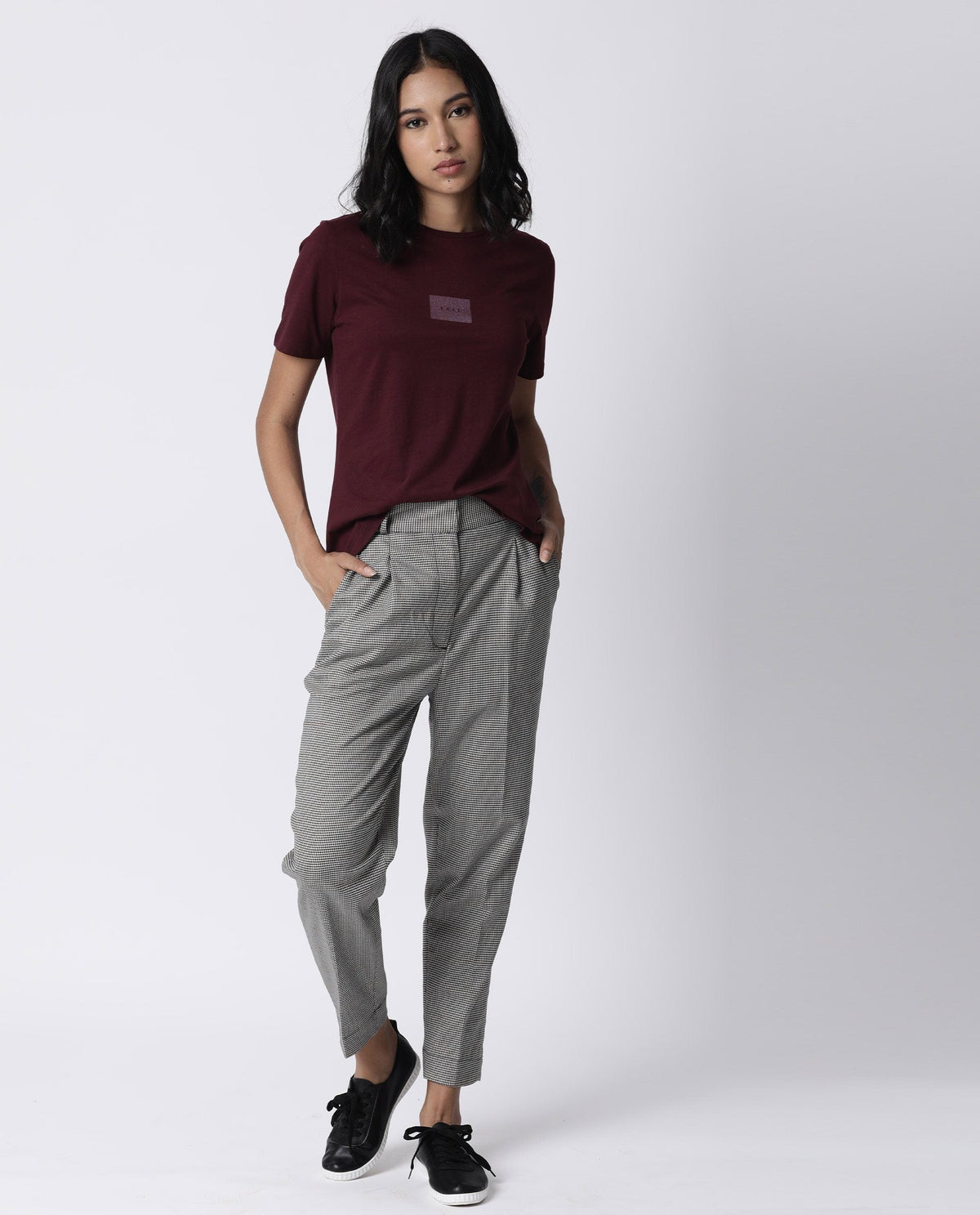Rareism Womens Luani Maroon T-Shirt Supima Cotton Fabric Slim Fit Round Neck