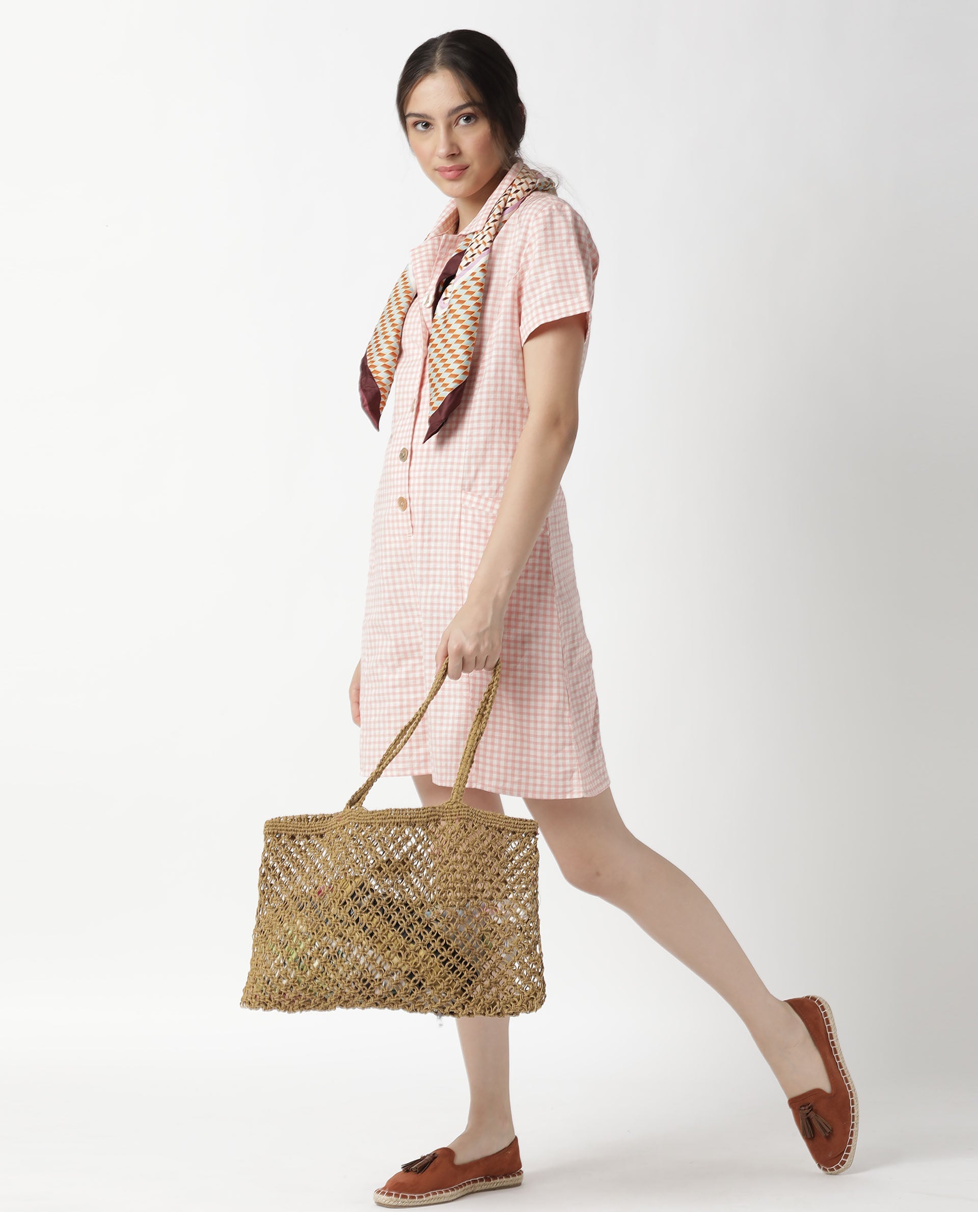 Rareism Women Welt Light Peach Cotton Linen Fabric Regular Fit Lapel Neck Checked Playsuit