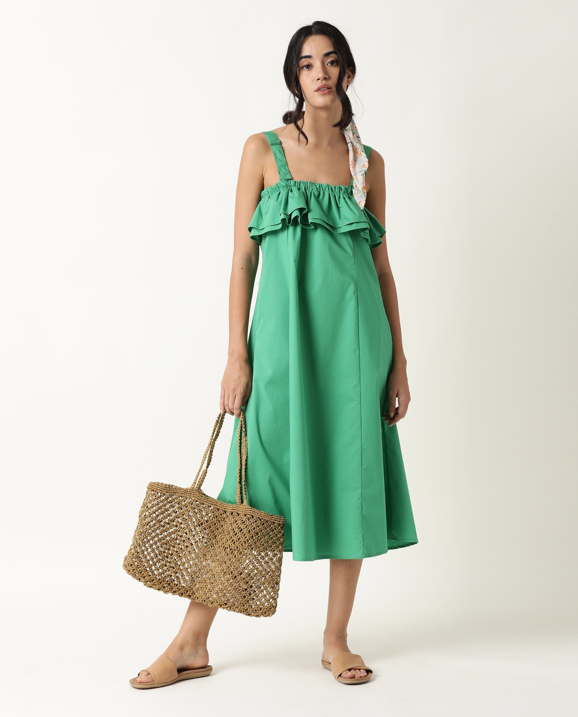 Rareism Women Shallow Green Broad Shoulder Straps Ruffled Square Neck With Pockets Midi Dress