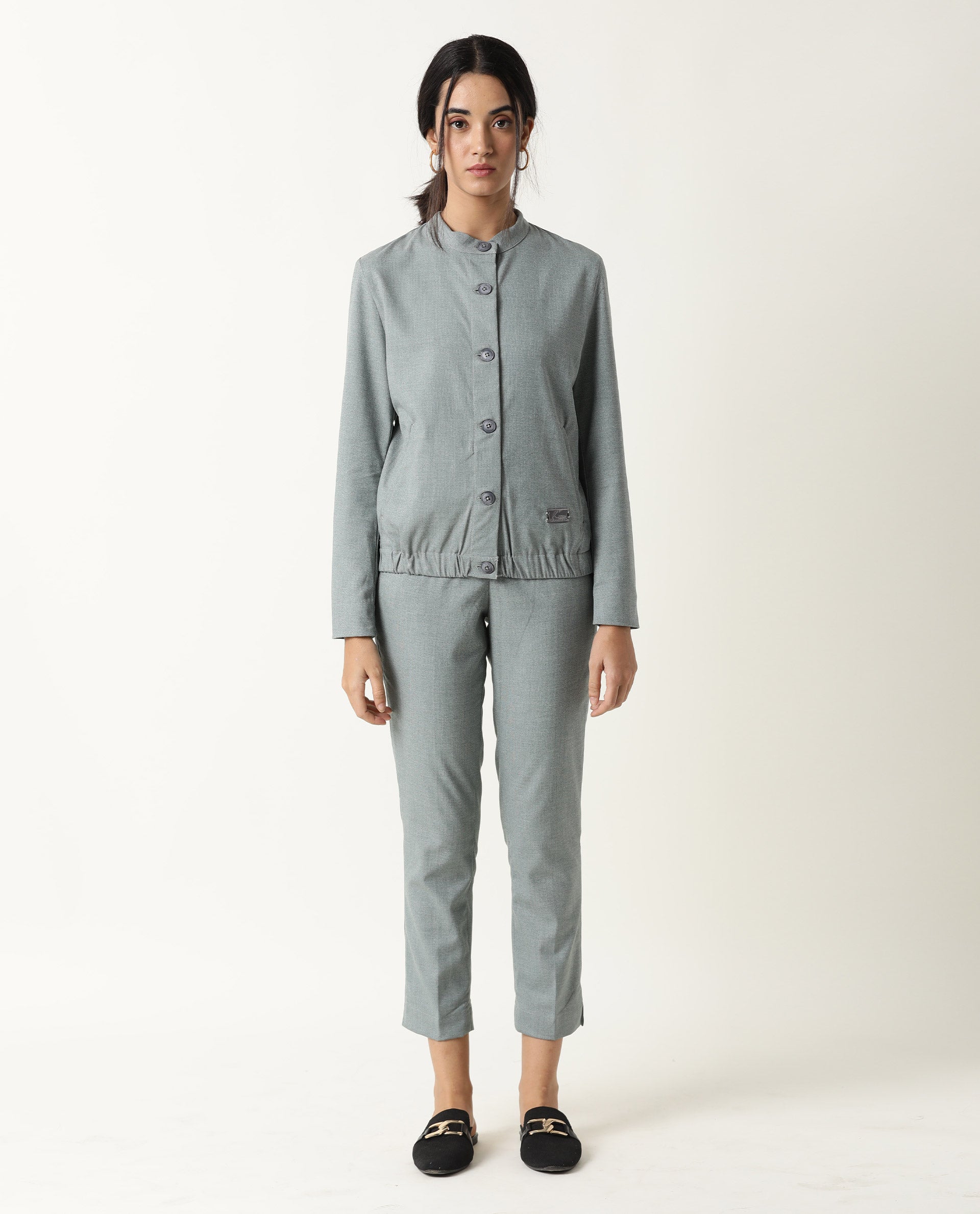 Rareism Women Ophilia Green Trousers Cotton Poly Fabric Full Sleeves Button Closure Solid