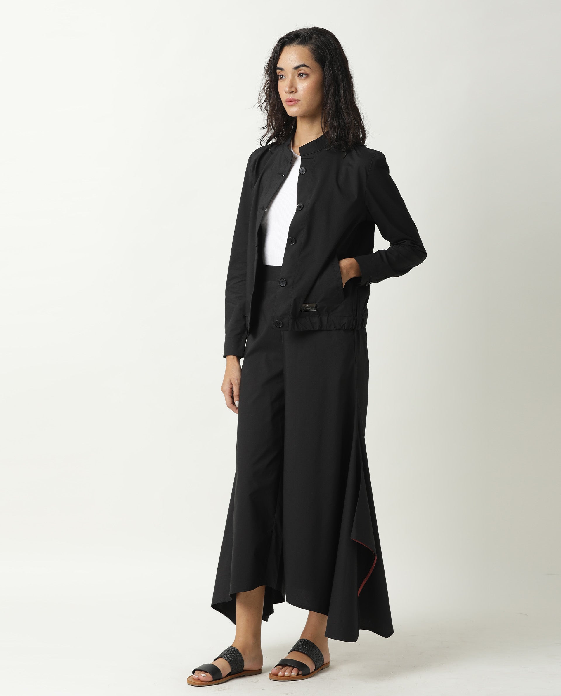 Rareism Women Aomori Black Poly Lycra Fabric Full Sleeves Solid Mandarin Collar Jacket