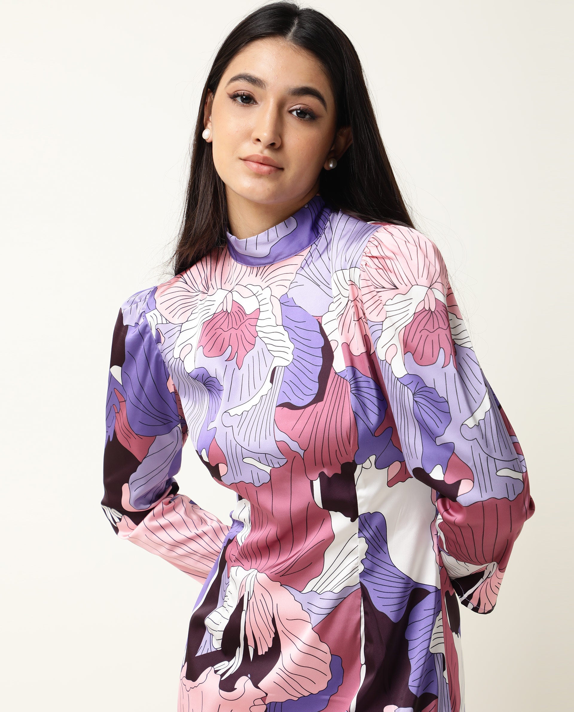 Rareism Women Mylah Multi Floral Print High Neck Collar Full Sleeves With Pockets Mini Dress