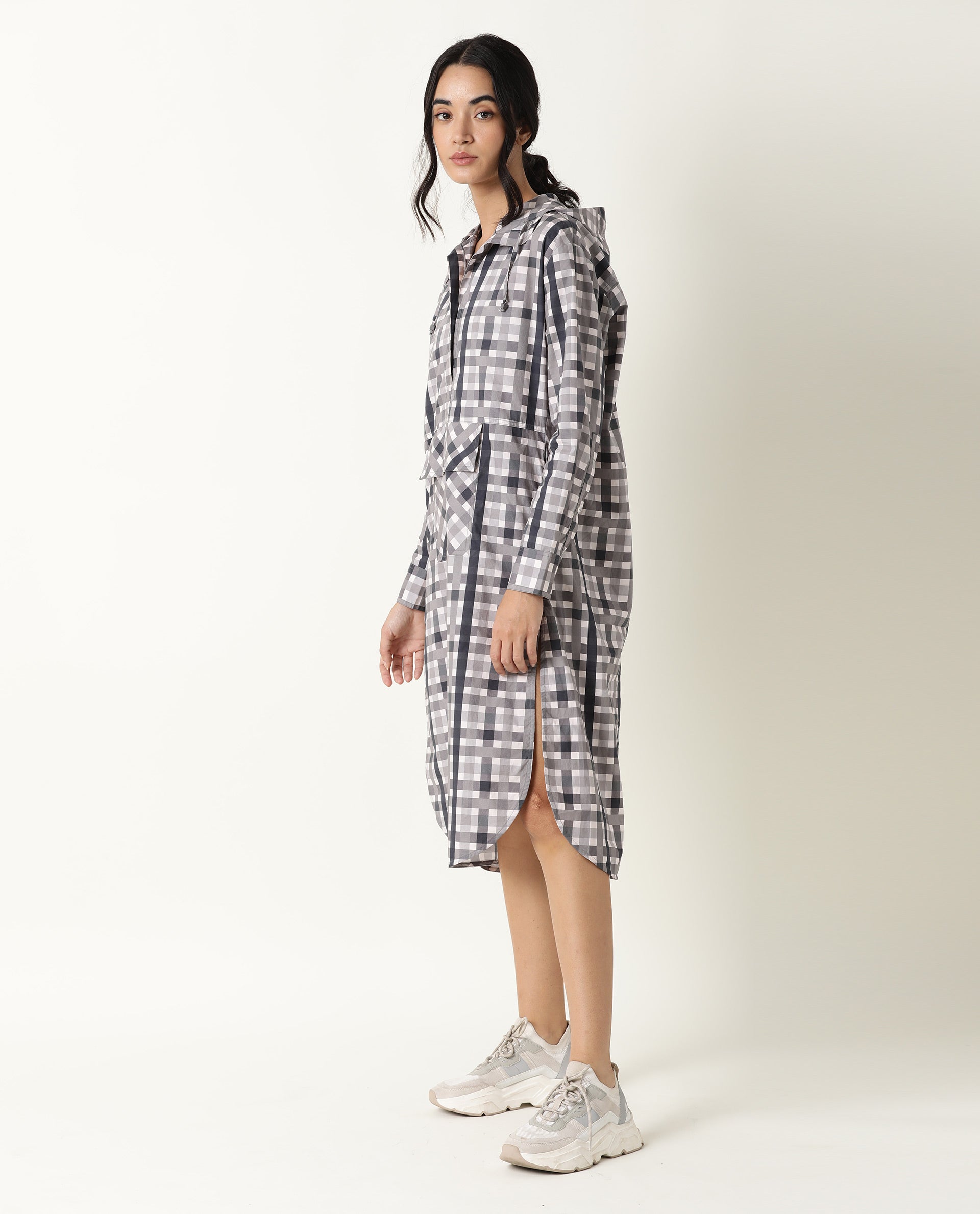 Rareism Women Loreal Grey Checks Shirt Collar With Hoodie Full Sleeves Front Pocket Patch With Side Slit Midi Dress