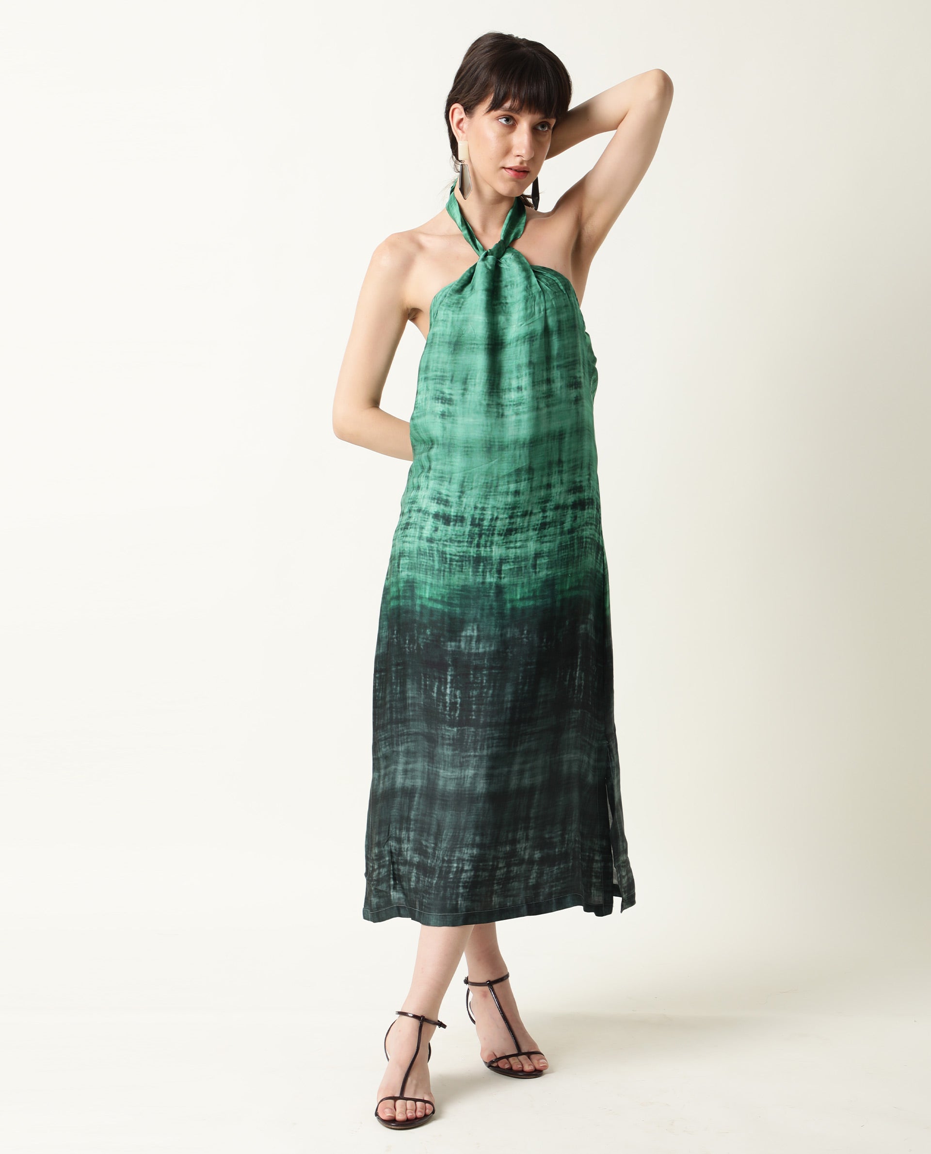 Rareism Women Lipos Green Printed Halter Neck With Back Tie Up Midi Dress