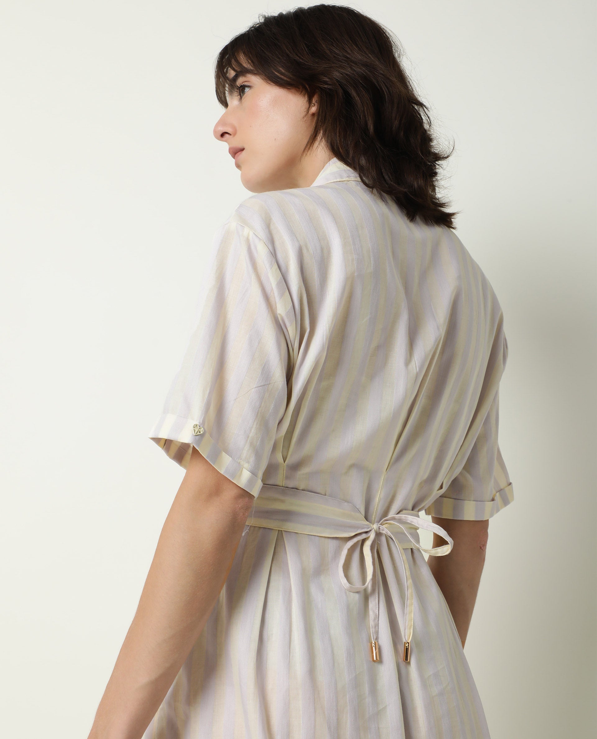 Rareism Women Paris Yellow Shirt Collar Half Sleeves Front Placket Button Closure With Fabric Waist Belt Midi Dress