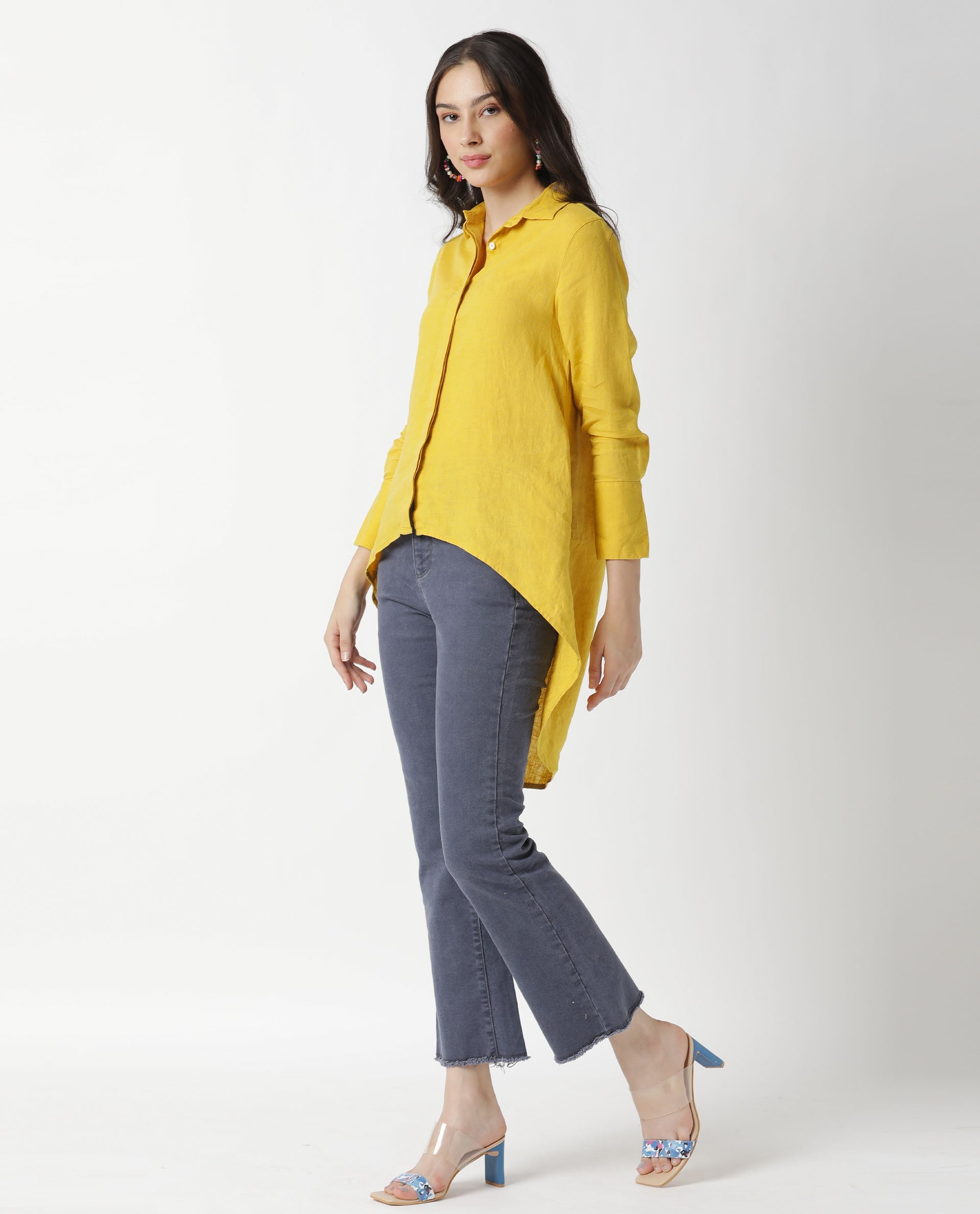 Rareism Women Comfo Yellow Linen Fabric Relaxed Fit Shirt Collar Full Sleeves Solid Top