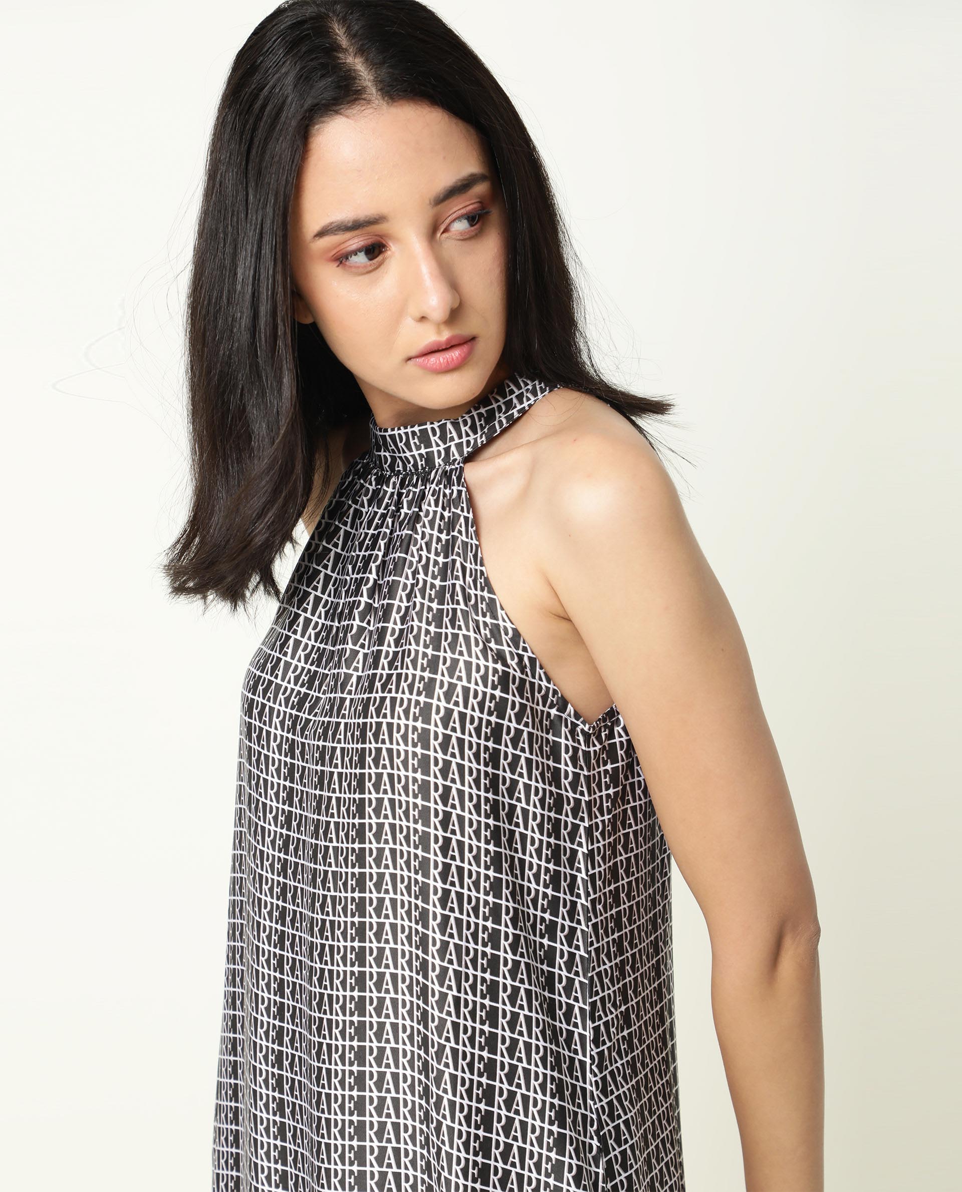 Rareism Women Renata Black Halter Neck With Tie Up Back And Pockets Knee Length Dress