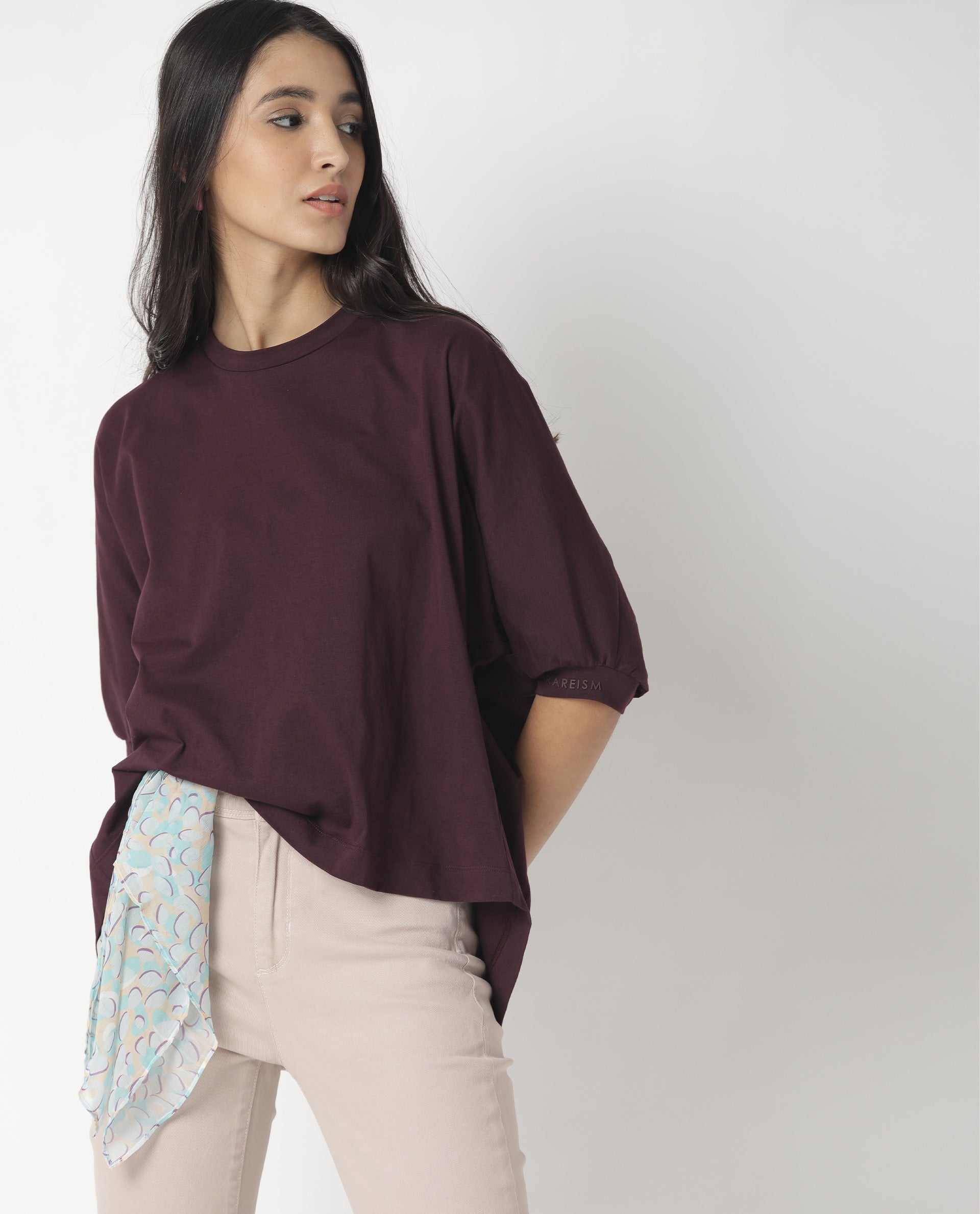 Rareism Womens Osmo Maroon Top Cotton Fabric Regular Fit Volume Sleeve Round Neck