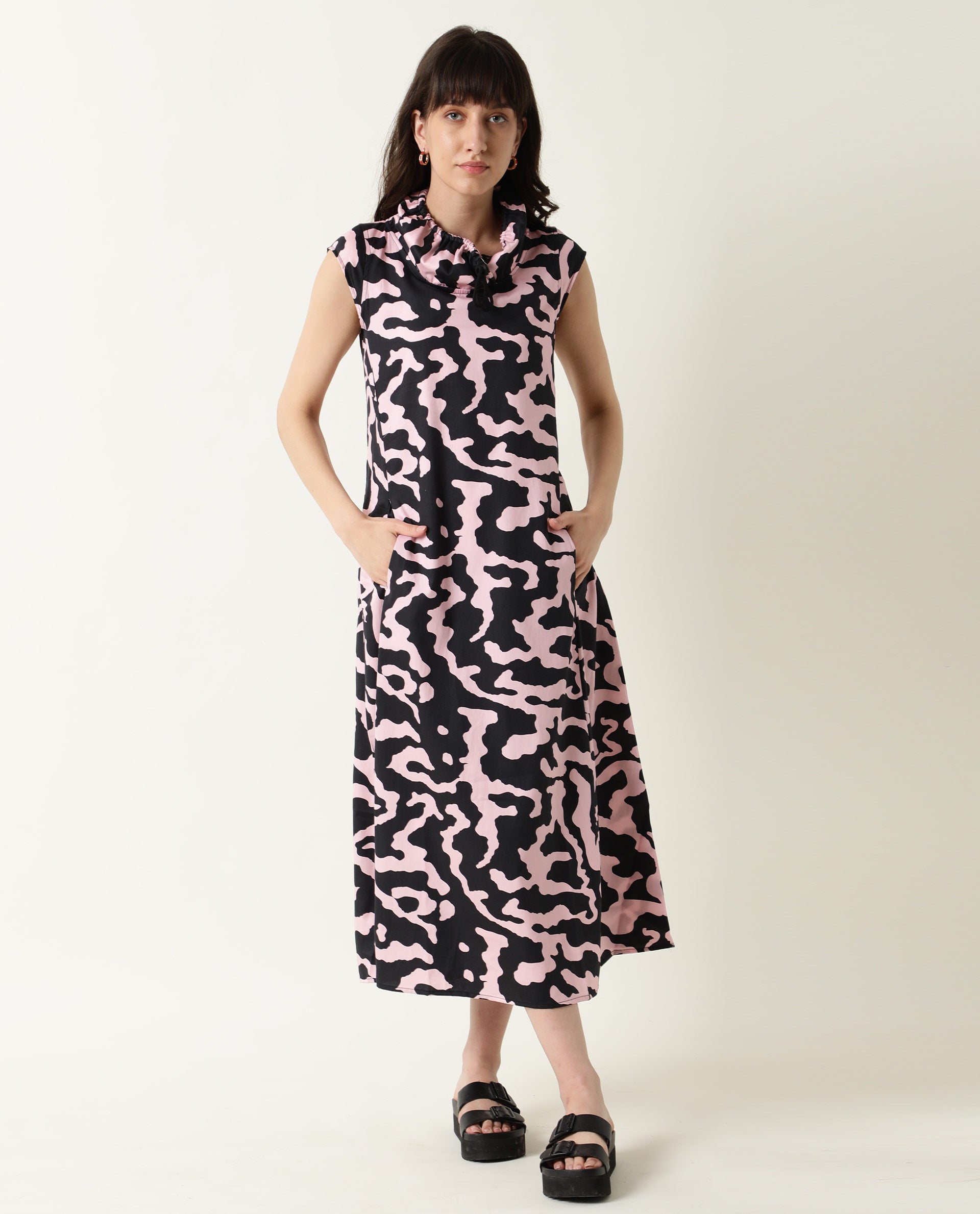 Rareism Womens Santro Black Dress Cotton Satin Fabric Regular Fit Short Sleeve High Neck