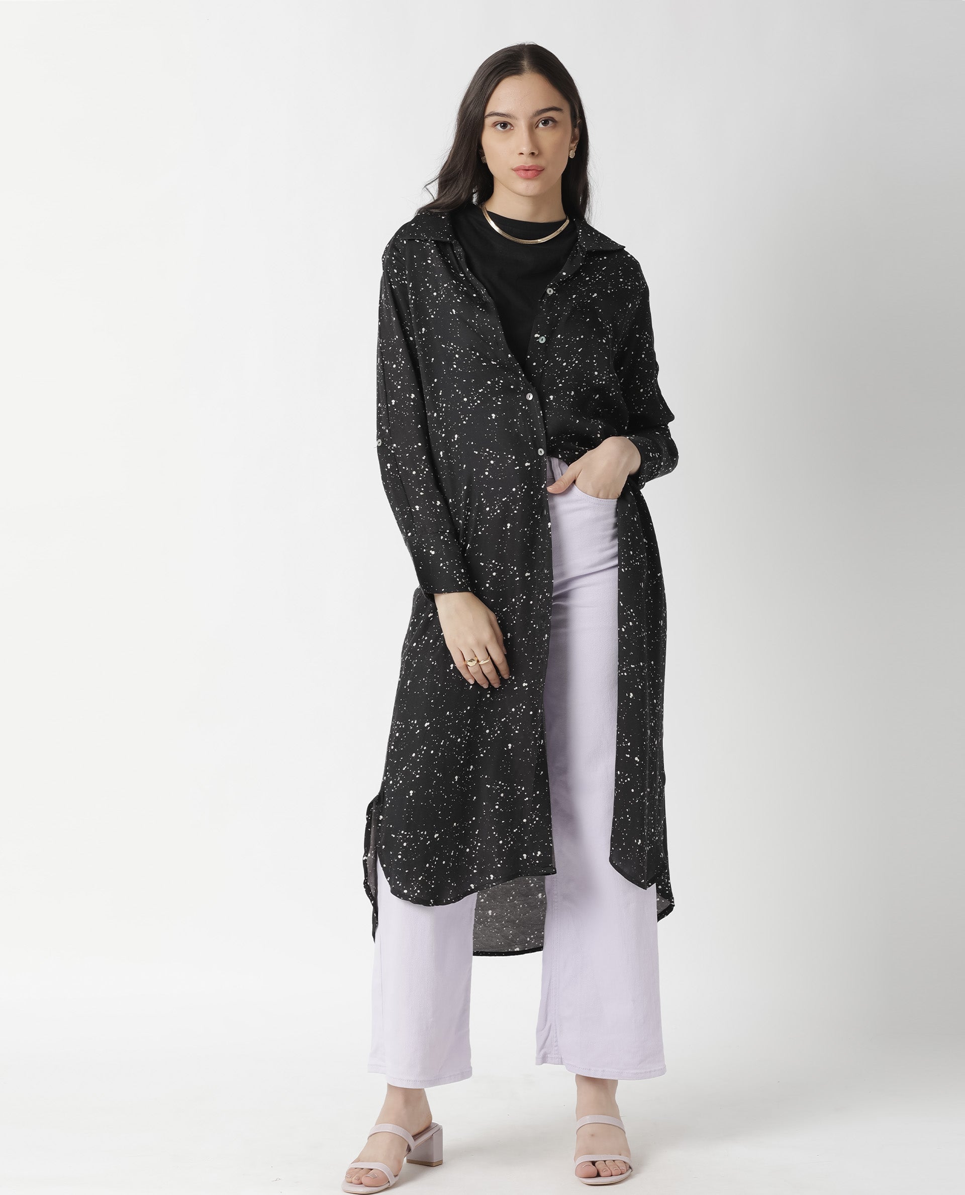 Rareism Womens Timid Black Dress Modal Fabric Regular Fit 3/4 Sleeve Collared Neck