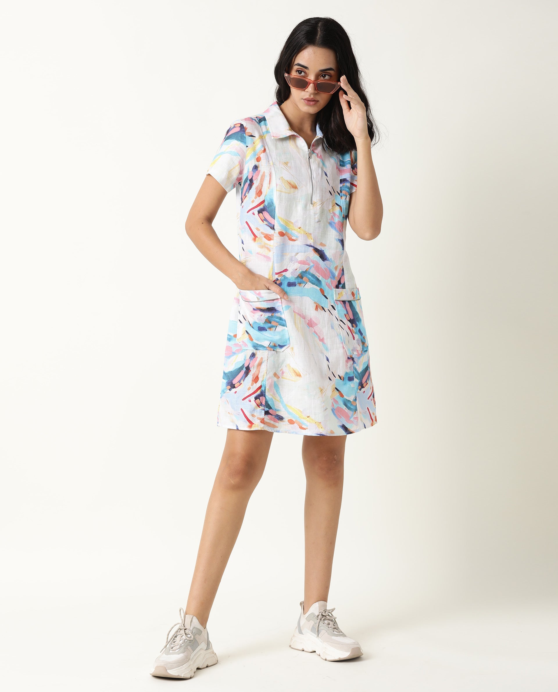 Rareism Womens Host Blue Dress Cotton Linen Fabric Regular Fit Puff Sleeves Collared Neck