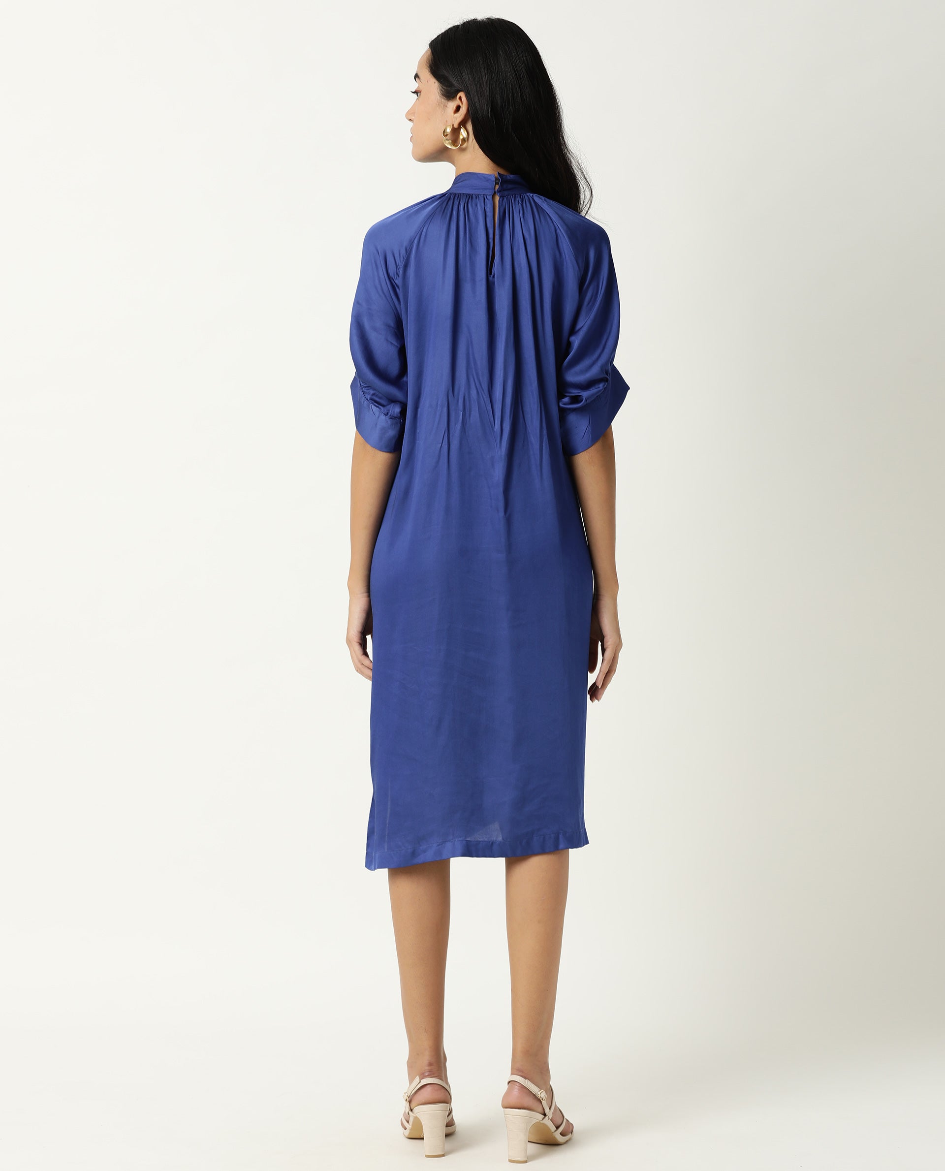 Rareism Women Shiver Dark Blue High Neck With Gathers Raglan Sleeves With Puff And Side Slit Knee Length Dress