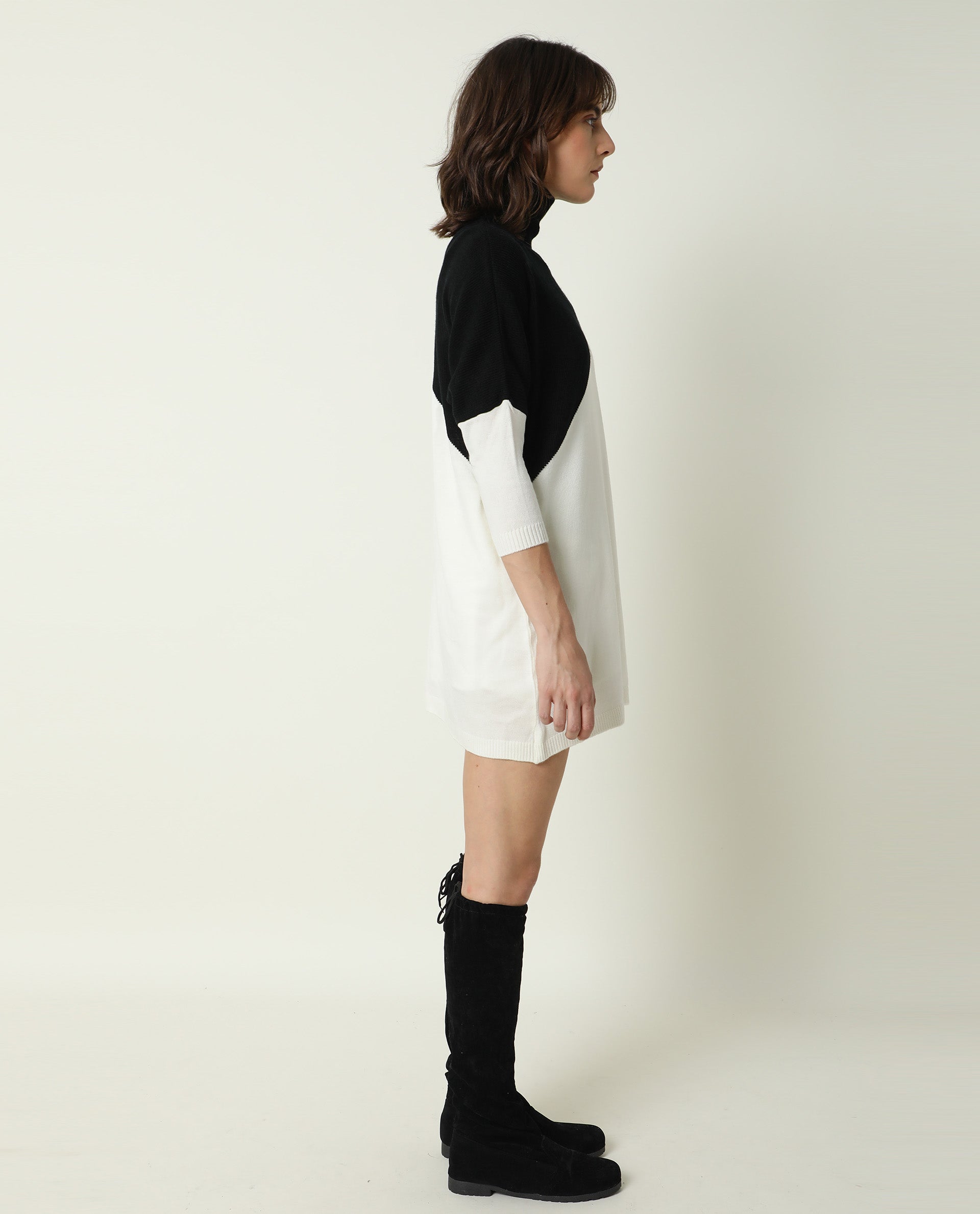 Rareism Women Spaton Black Acrylic Fabric Full Sleeves Knee Length Regular Fit Color Blocked High Neck Sweater