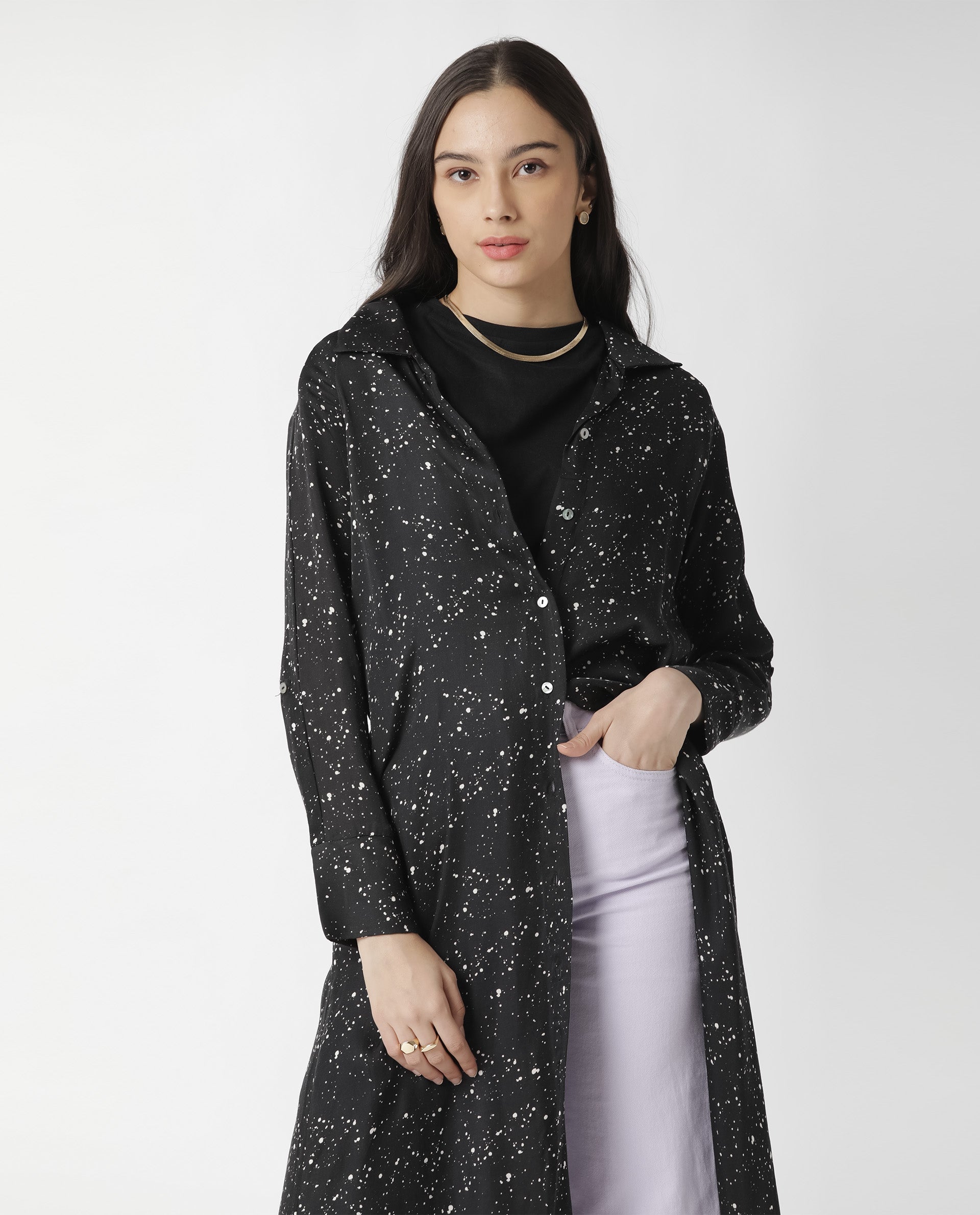 Rareism Womens Timid Black Dress Modal Fabric Regular Fit 3/4 Sleeve Collared Neck