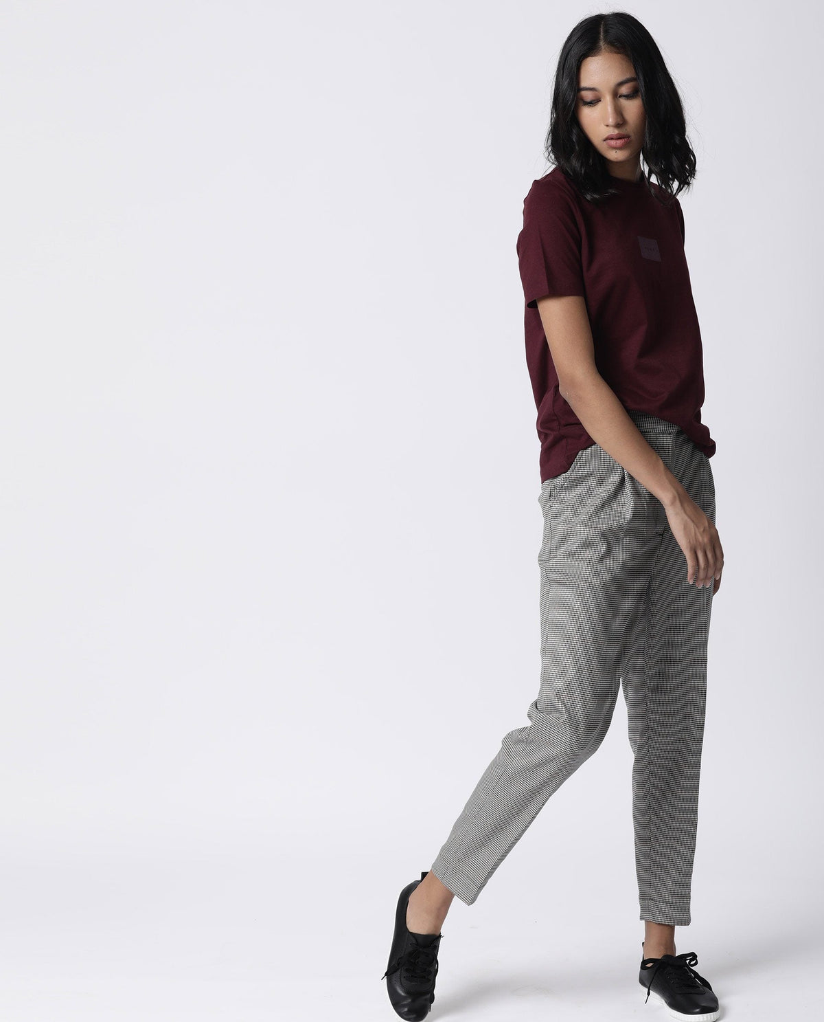 Rareism Womens Luani Maroon T-Shirt Supima Cotton Fabric Slim Fit Round Neck