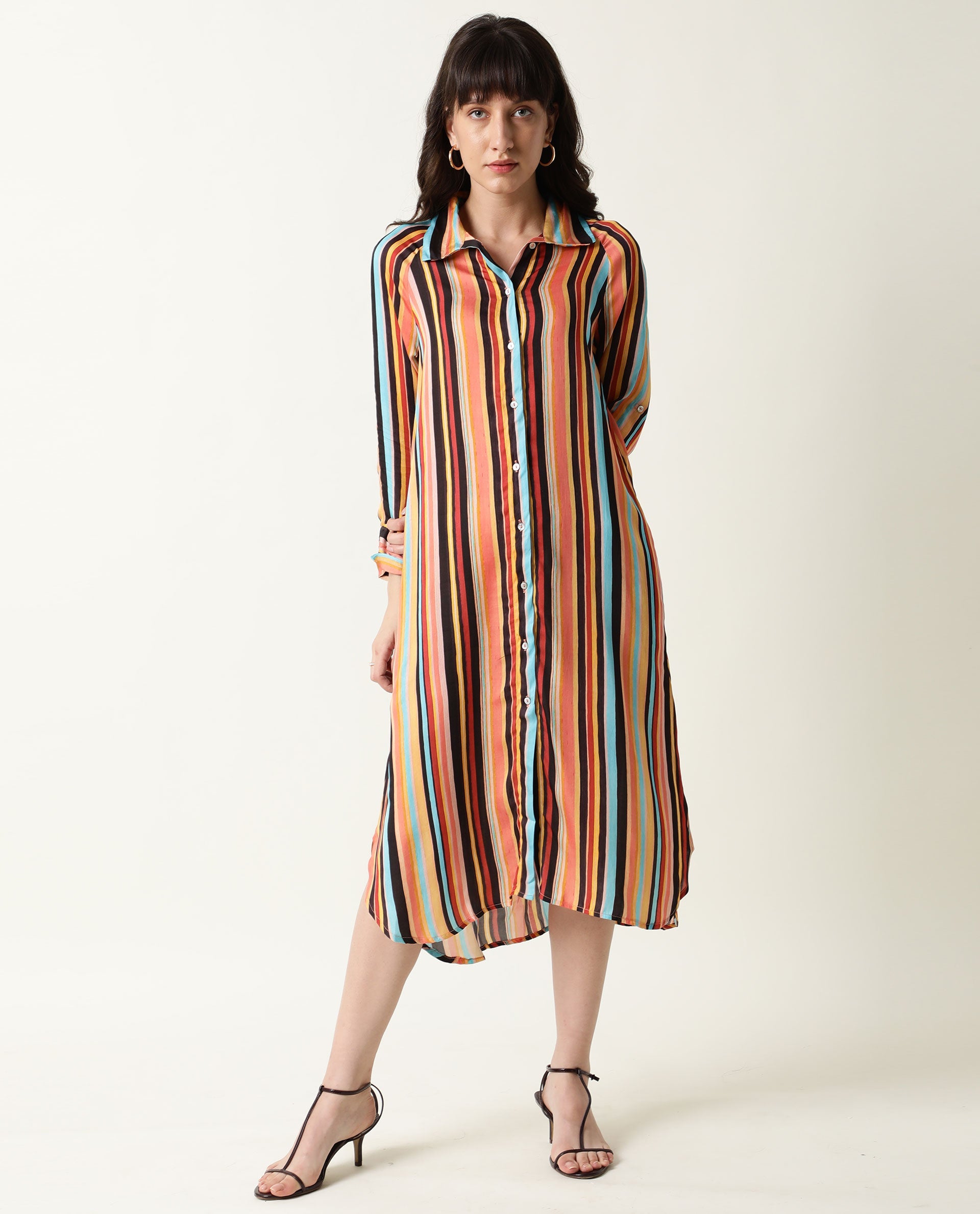 Rareism Women Mathers Brown Striped Shirt Collar Full Sleeves Cuff Full Front Button Placket Pockets Side Slit Midi Dress
