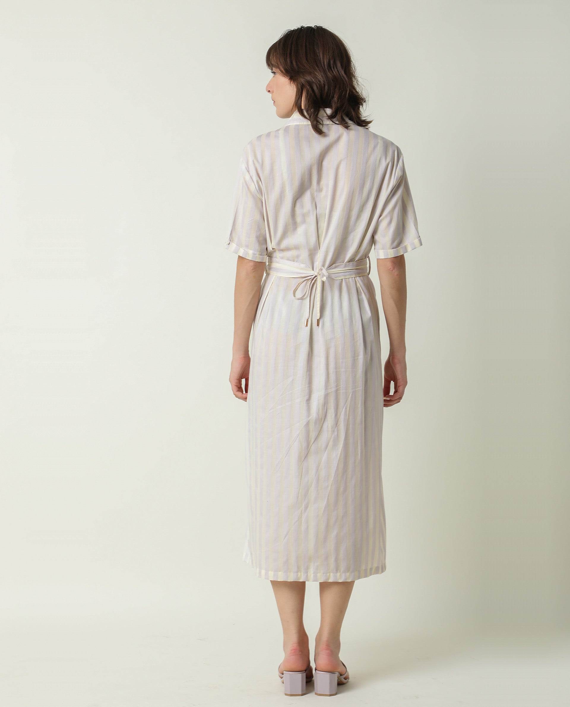 Rareism Women Paris Yellow Shirt Collar Half Sleeves Front Placket Button Closure With Fabric Waist Belt Midi Dress