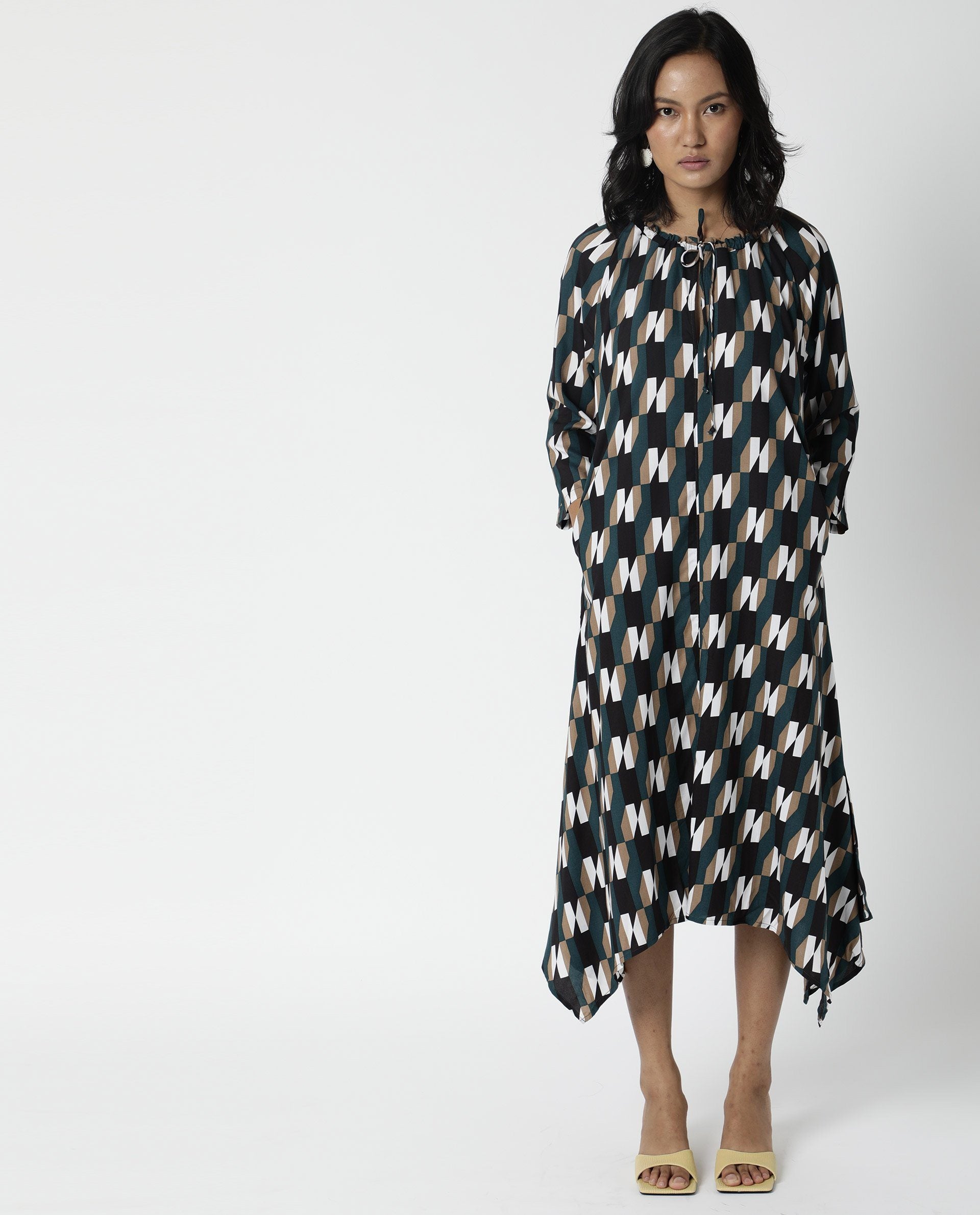 Rareism Womens Matan Green Dress Knee Length Boxy Fit Collar Neck Cotton Silk Fabric