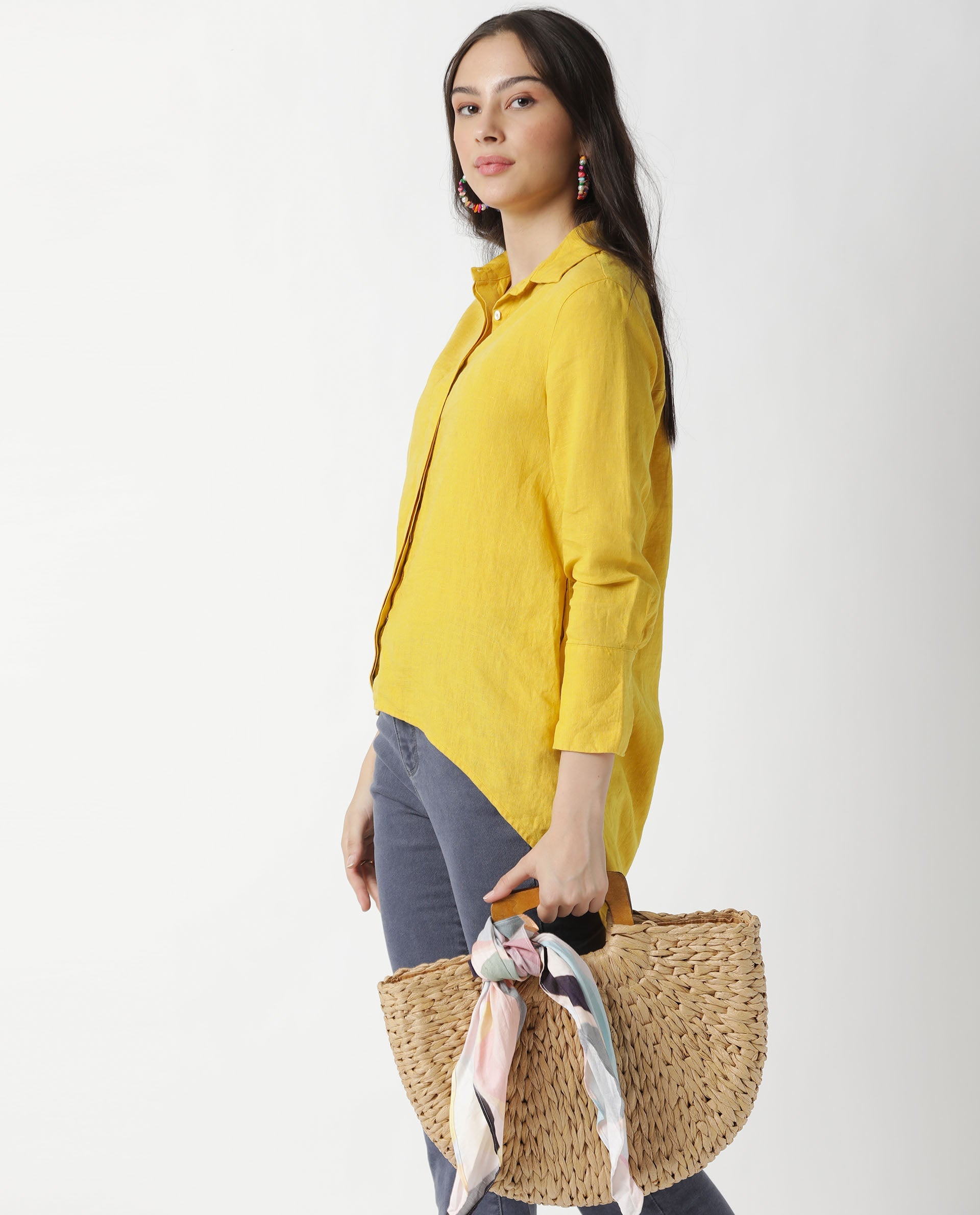 Rareism Women Comfo Yellow Linen Fabric Relaxed Fit Shirt Collar Full Sleeves Solid Top