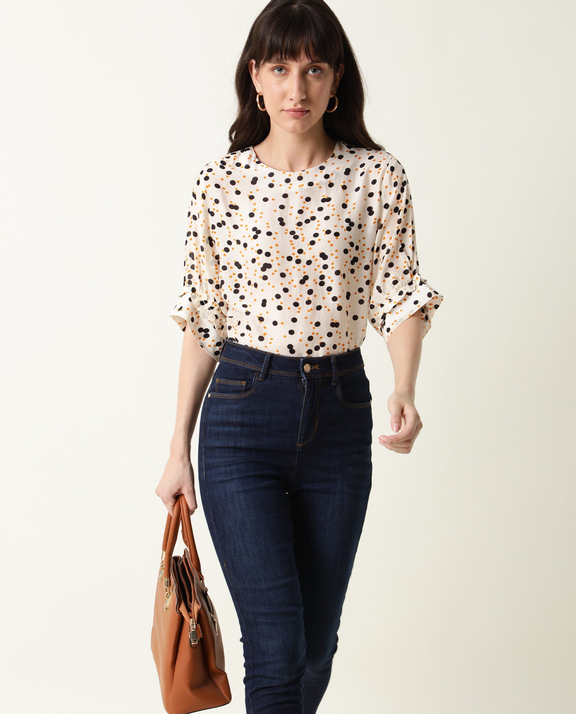 Rareism Women Roy Orange Top Short Sleeves Printed